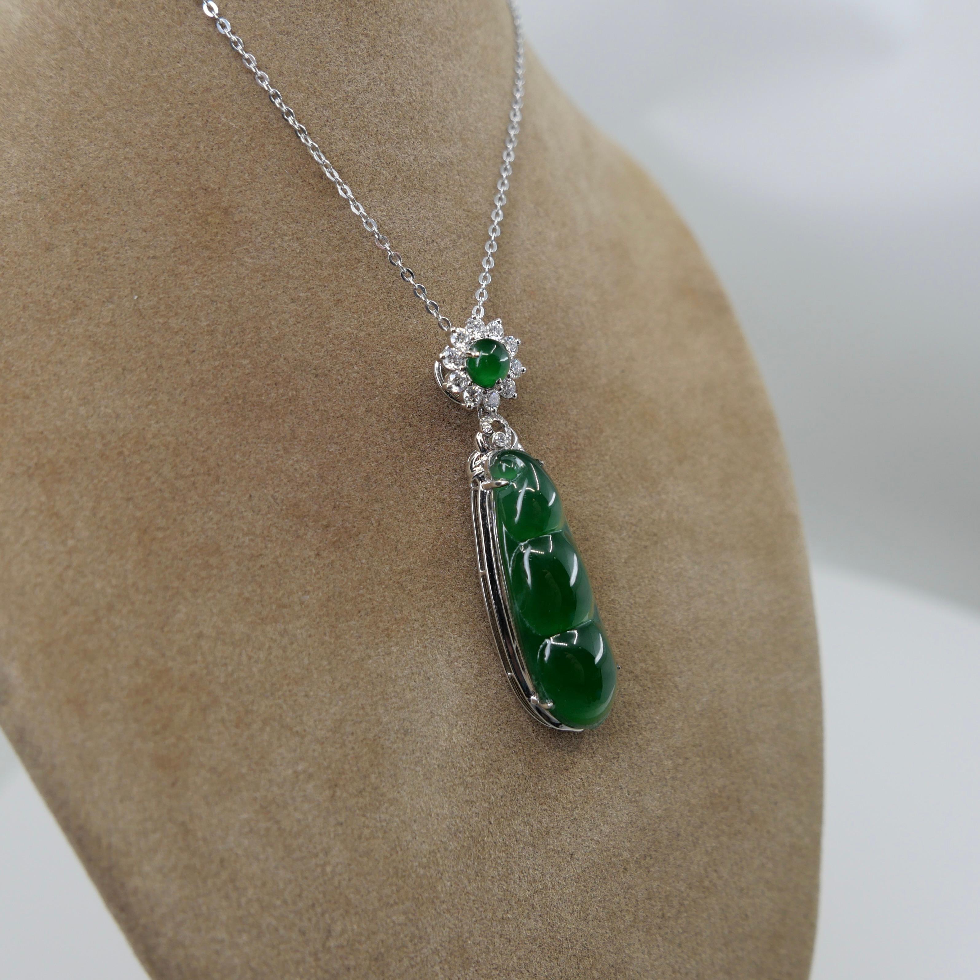 Certified Imperial Jade Peapod & Diamond Pendant Necklace. Collector's Item. For Sale 10