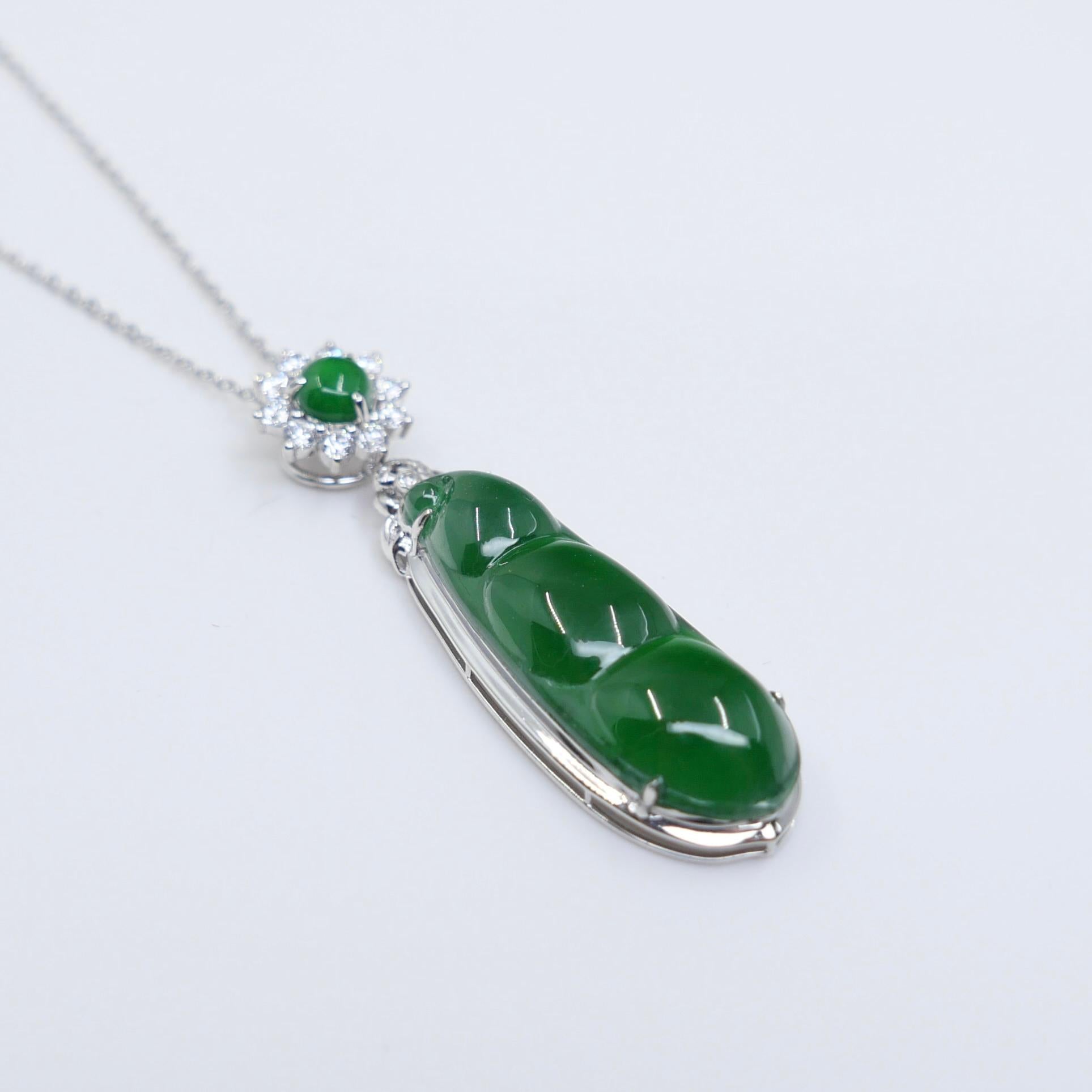 Women's Certified Imperial Jade Peapod & Diamond Pendant Necklace. Collector's Item. For Sale