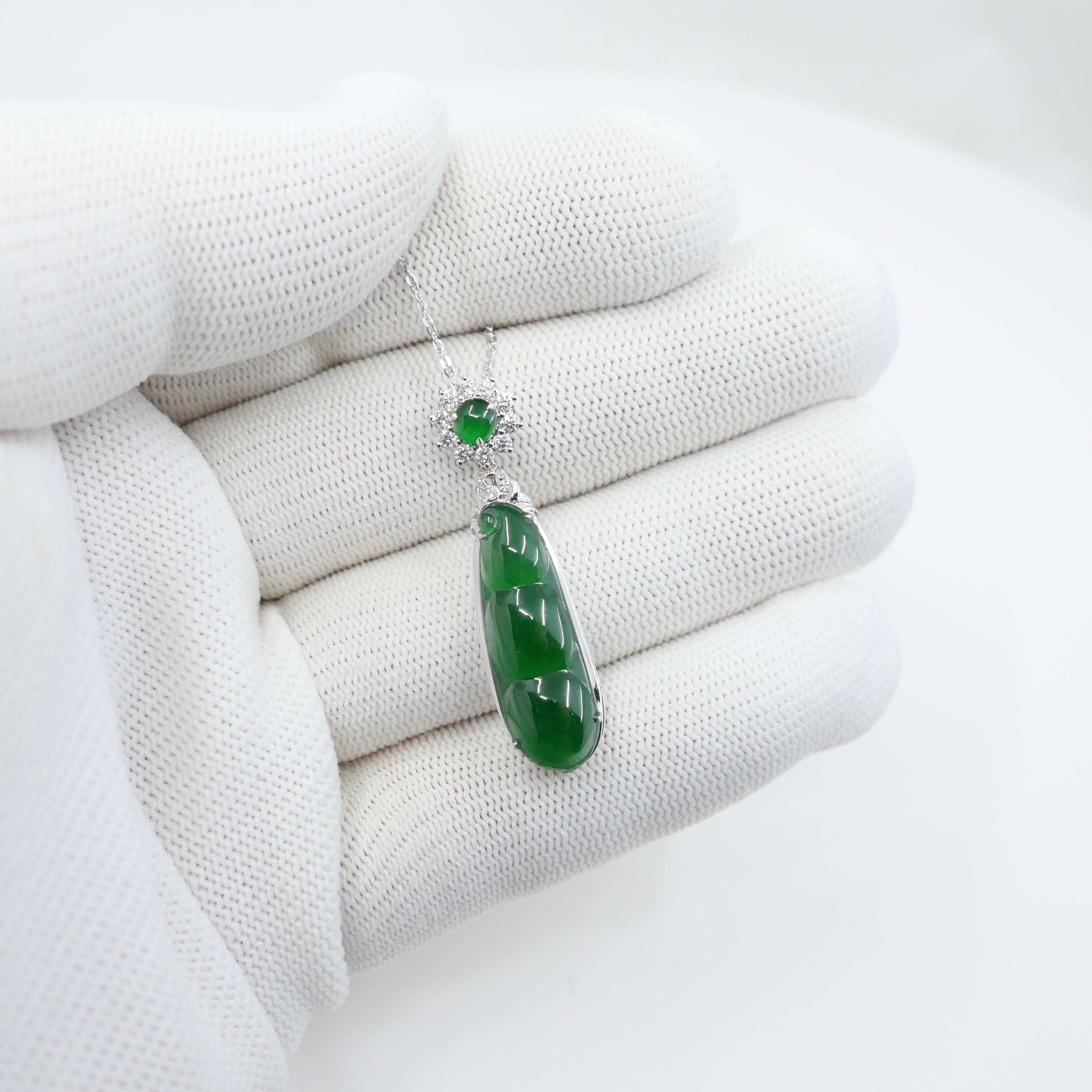 Certified Imperial Jade Peapod & Diamond Pendant Necklace. Collector's Item. For Sale 1