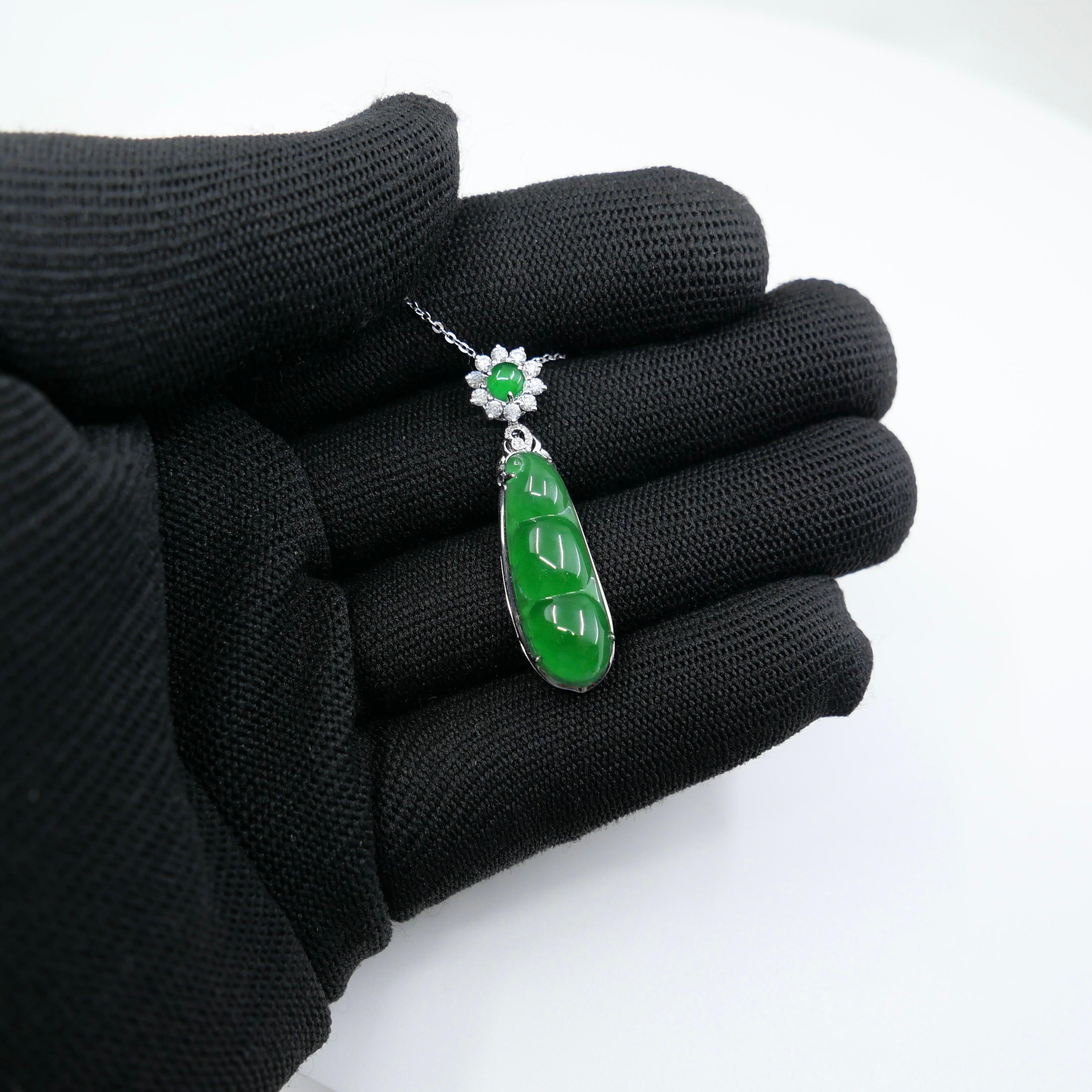 Rough Cut Certified Imperial Jade Peapod & Diamond Pendant Necklace. Collector's Item. For Sale