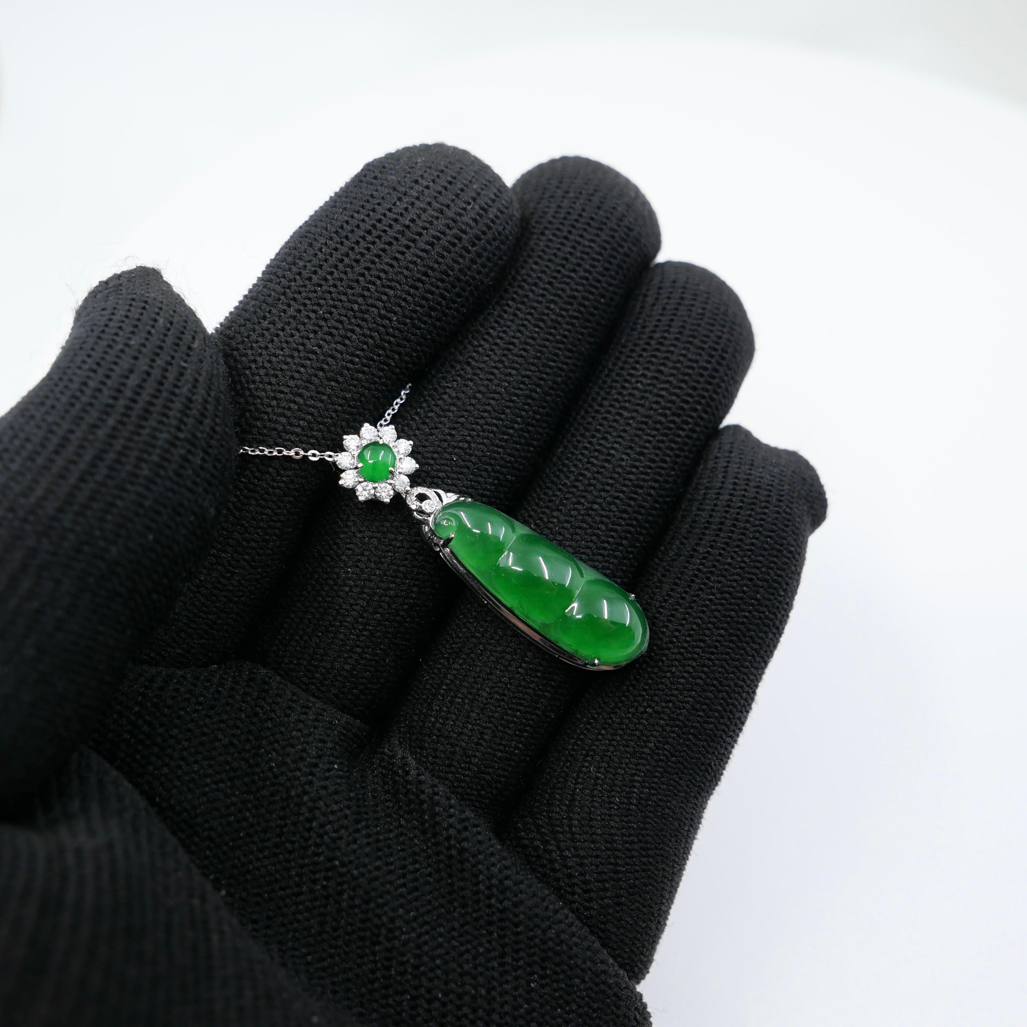 Certified Imperial Jade Peapod & Diamond Pendant Necklace. Collector's Item. For Sale 7