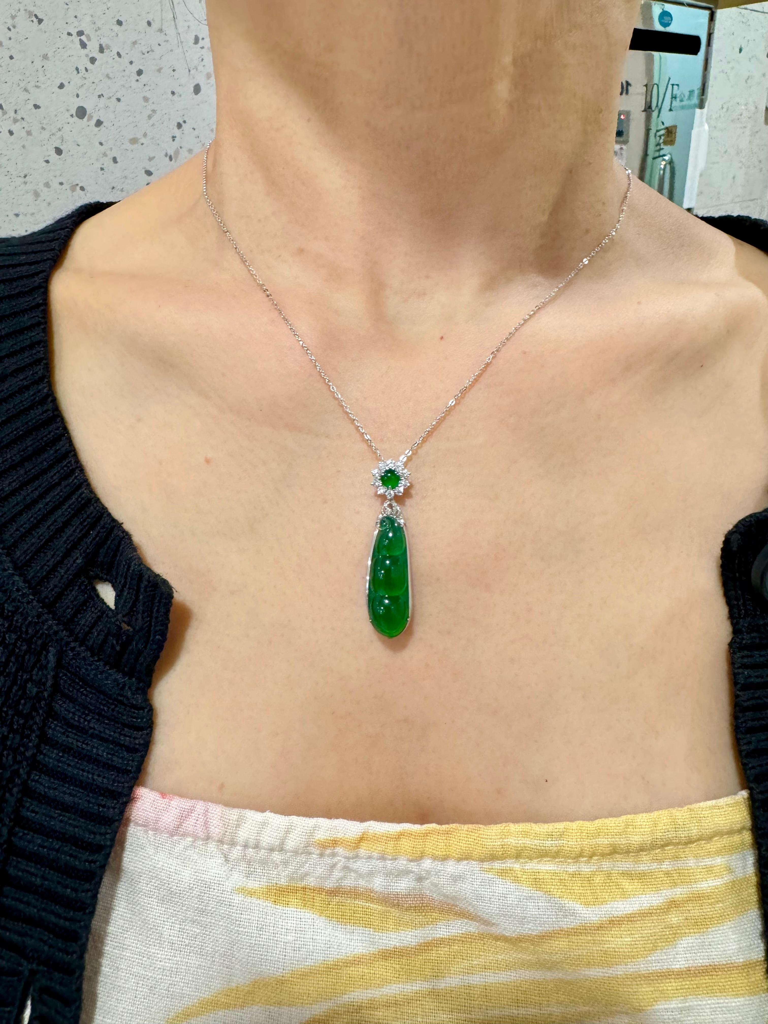 Certified Imperial Jade Peapod & Diamond Pendant Necklace. Collector's Item. For Sale 2