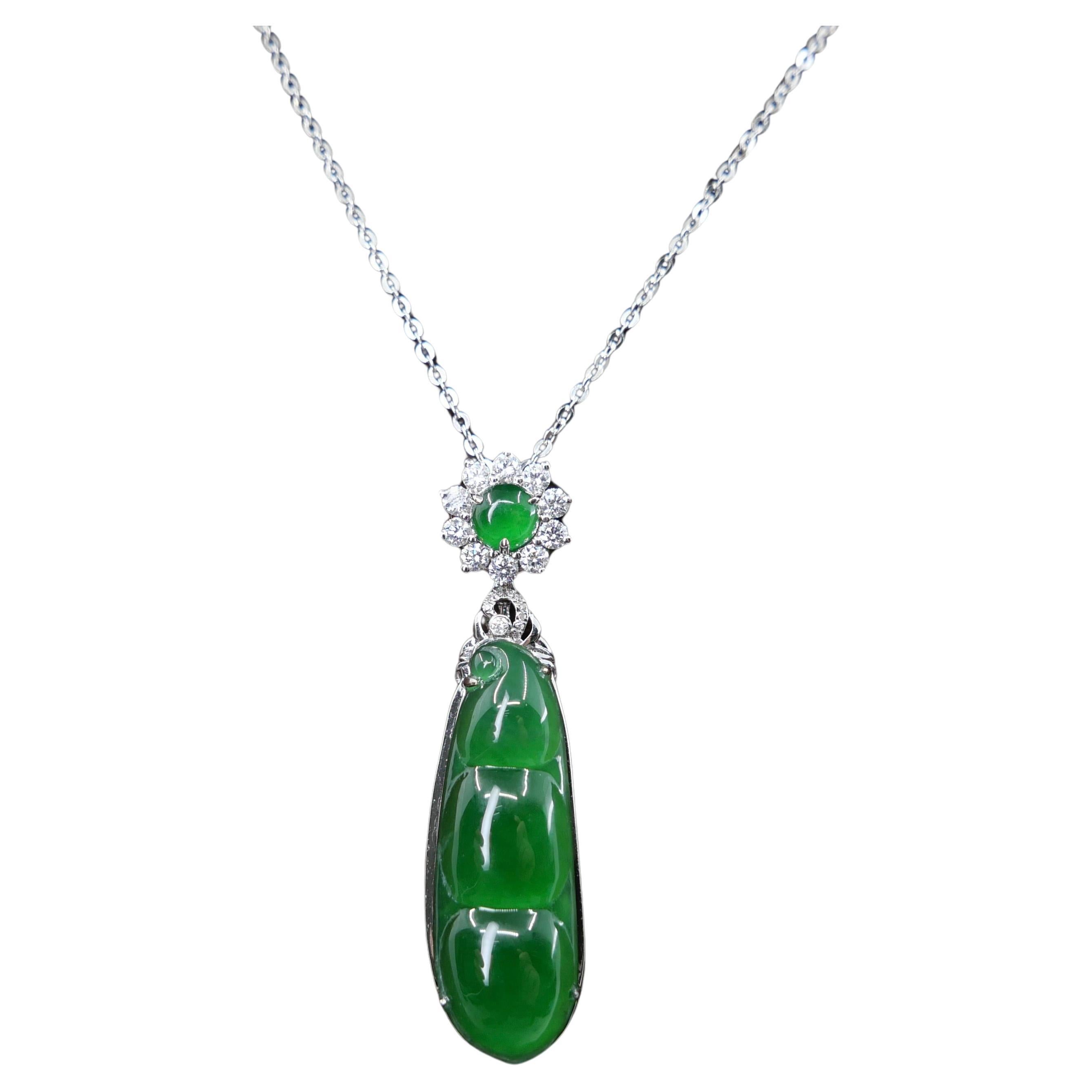 Certified Imperial Jade Peapod & Diamond Pendant Necklace. Collector's Item.