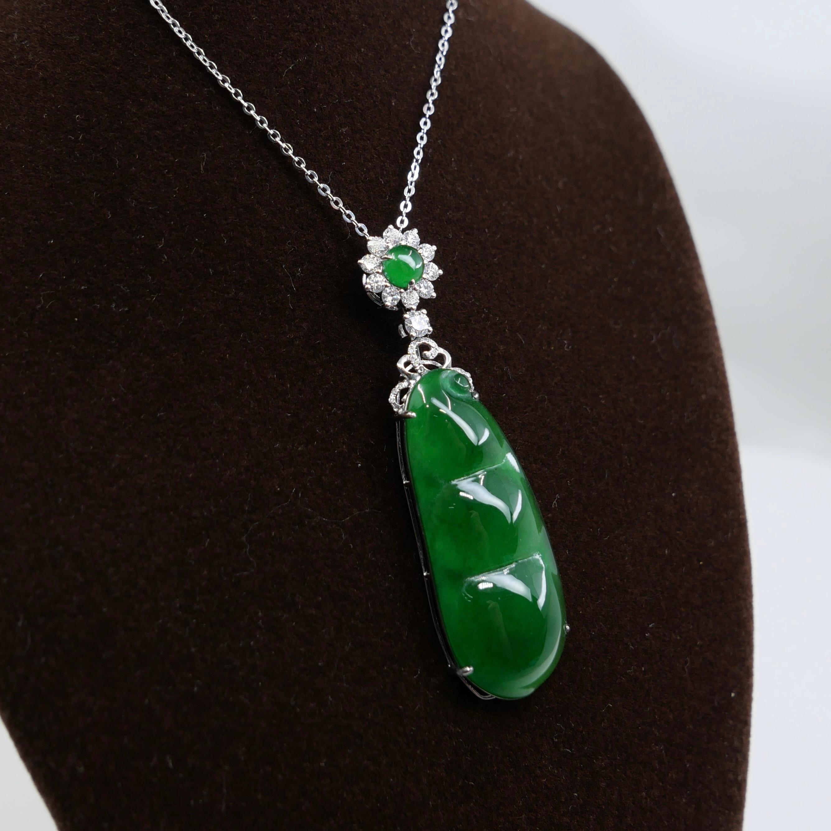 Certified Imperial Jade Peapod & Diamond Pendant Necklace. Substantial Piece. For Sale 9