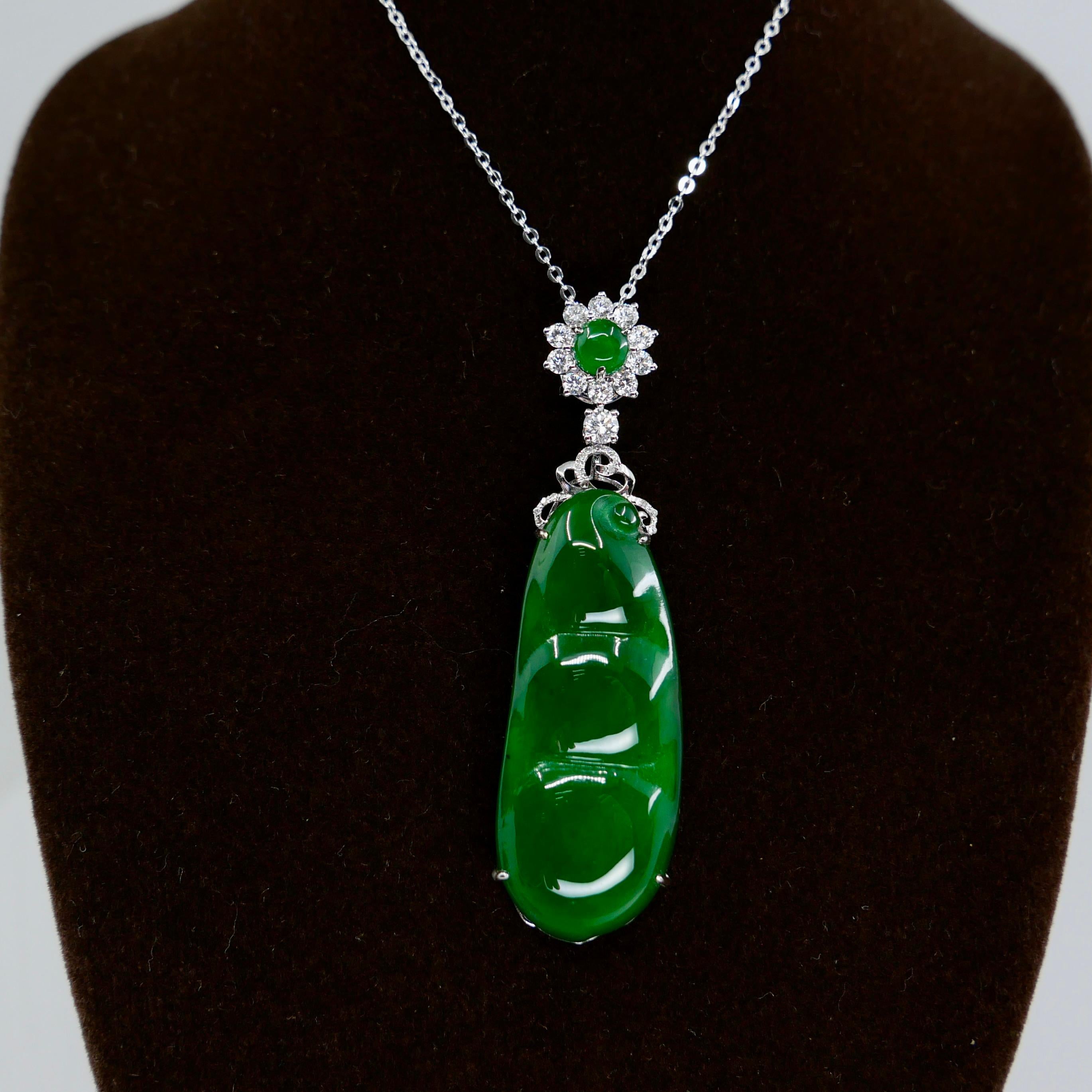 Women's Certified Imperial Jade Peapod & Diamond Pendant Necklace. Substantial Piece. For Sale