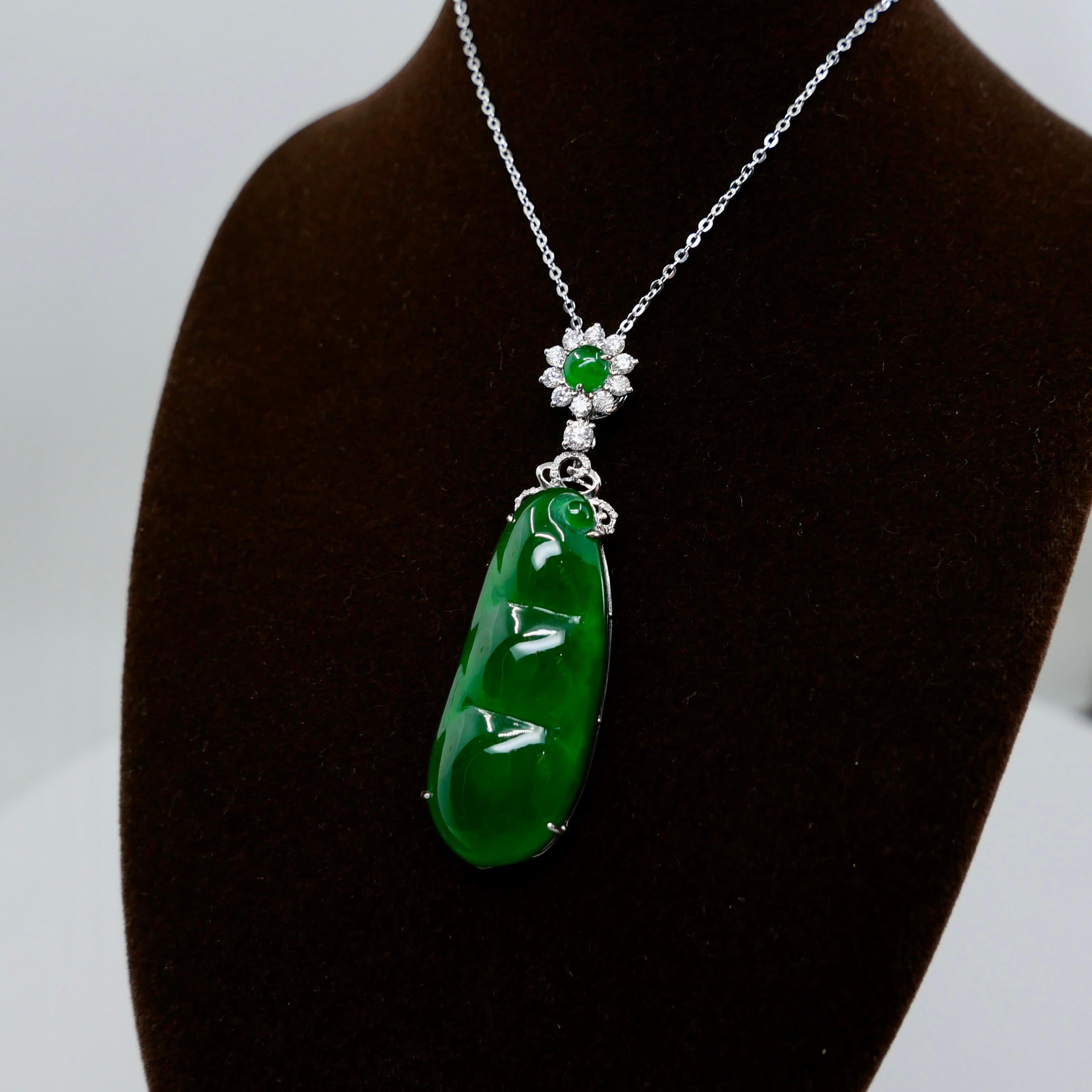 Certified Imperial Jade Peapod & Diamond Pendant Necklace. Substantial Piece. For Sale 6