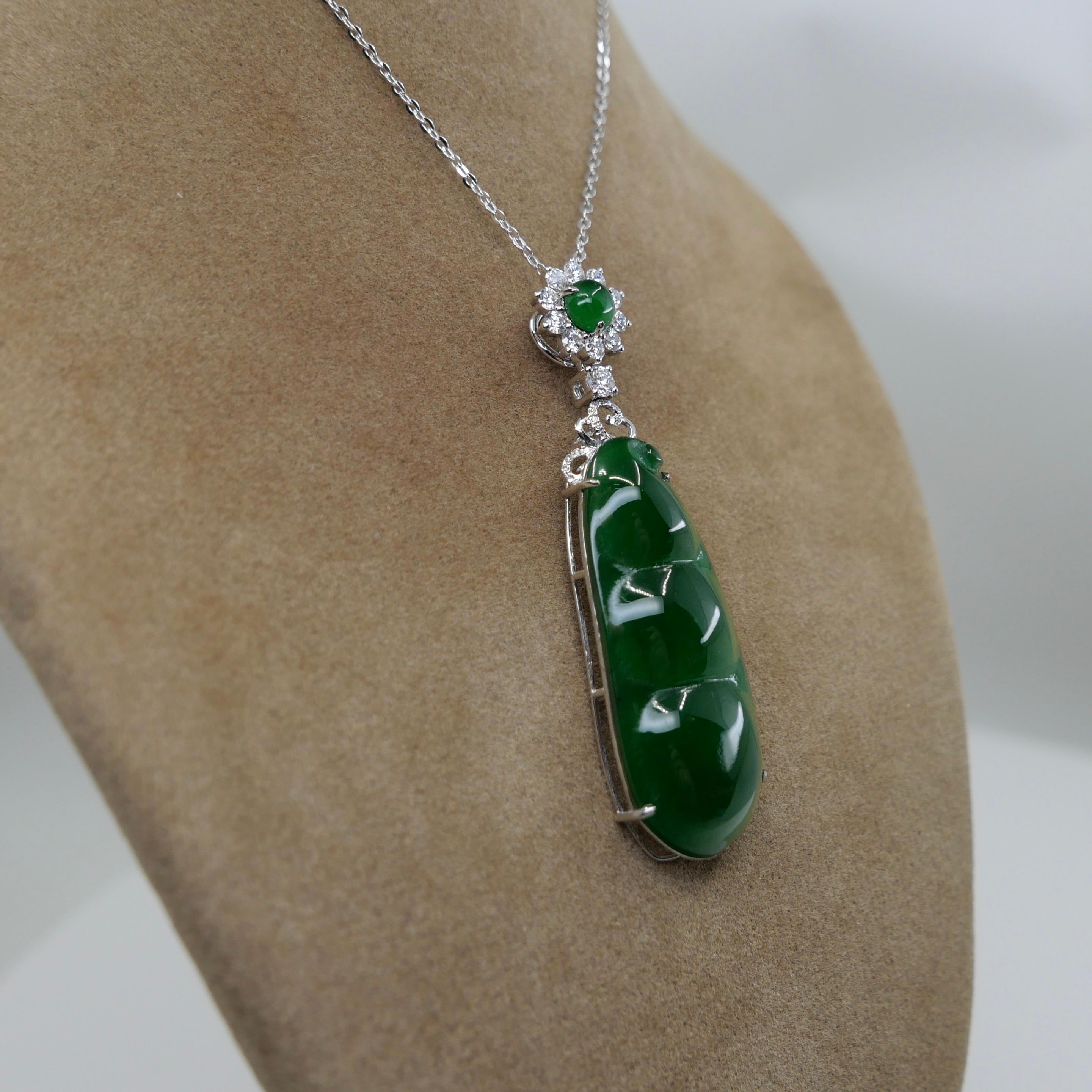 Certified Imperial Jade Peapod & Diamond Pendant Necklace. Substantial Piece. For Sale 10