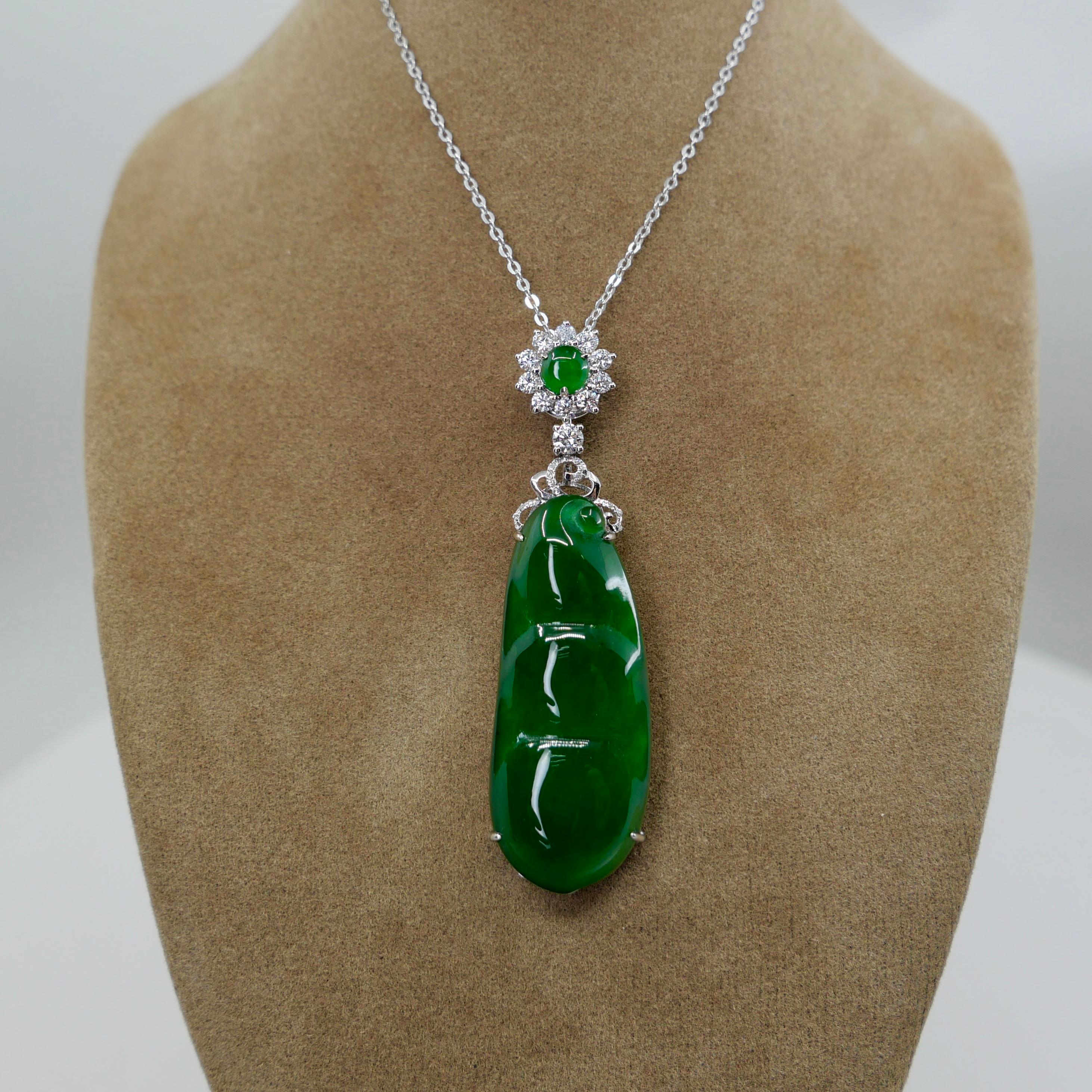 Certified Imperial Jade Peapod & Diamond Pendant Necklace. Substantial Piece. For Sale 3