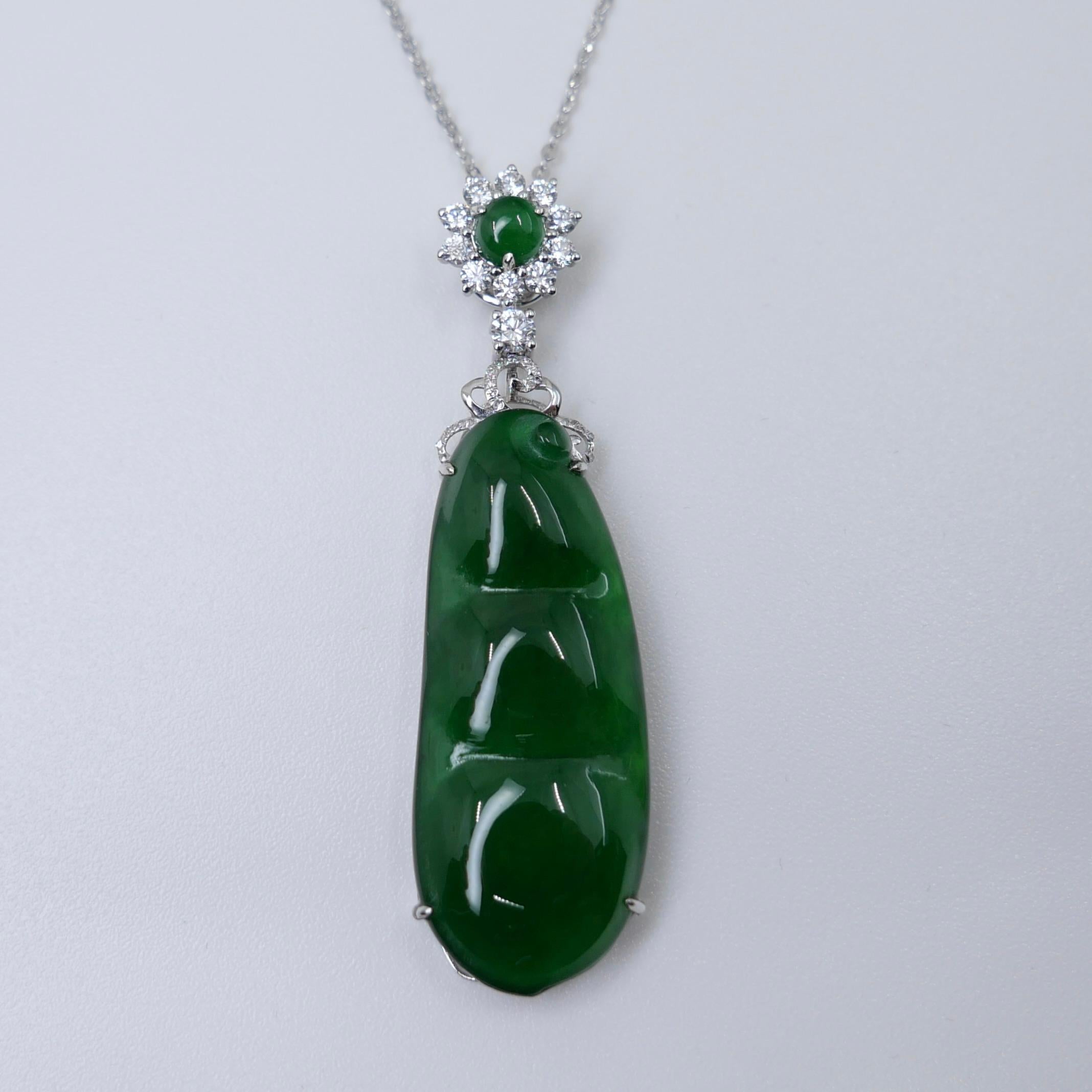 Certified Imperial Jade Peapod & Diamond Pendant Necklace. Substantial Piece. For Sale 5