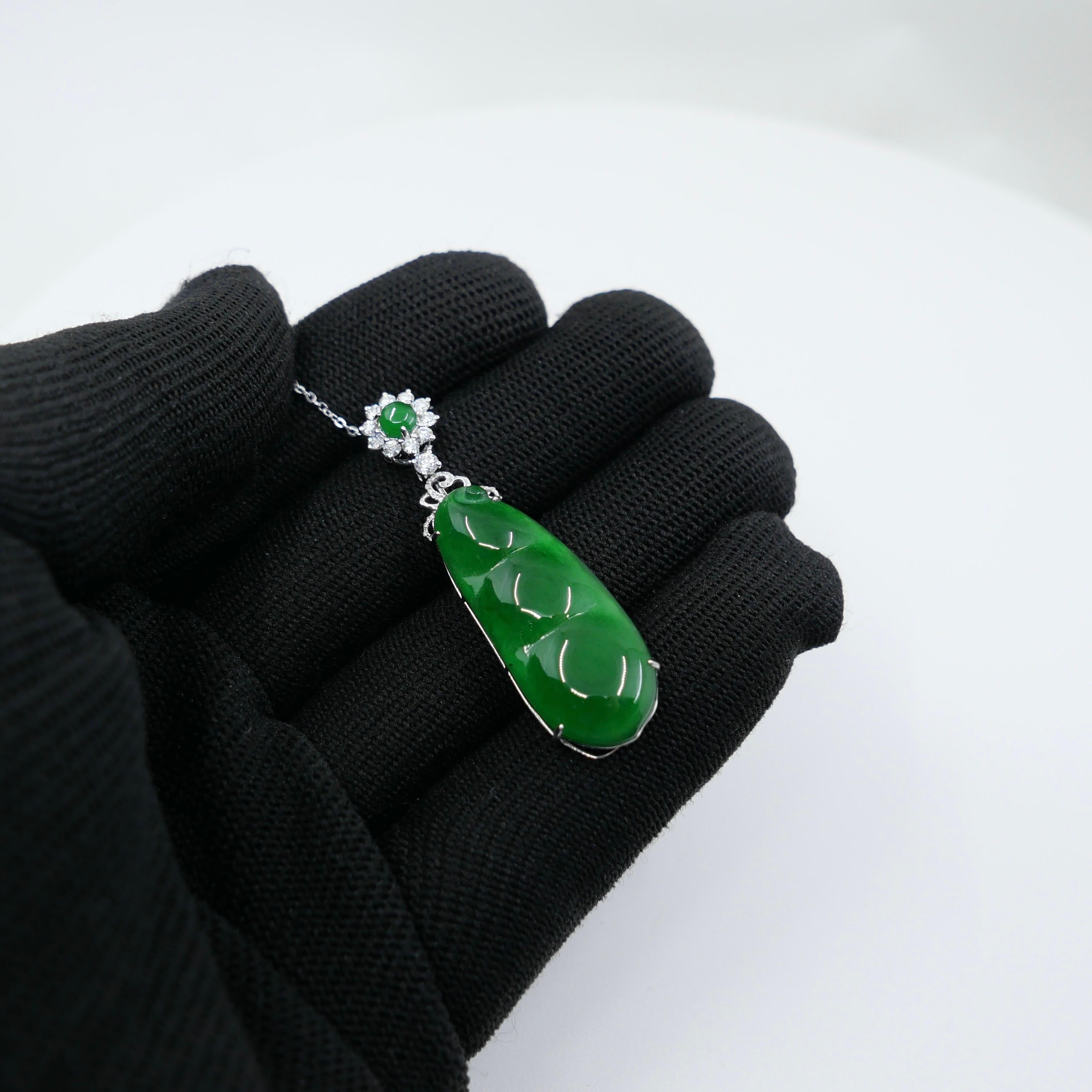 Certified Imperial Jade Peapod & Diamond Pendant Necklace. Substantial Piece. For Sale 11
