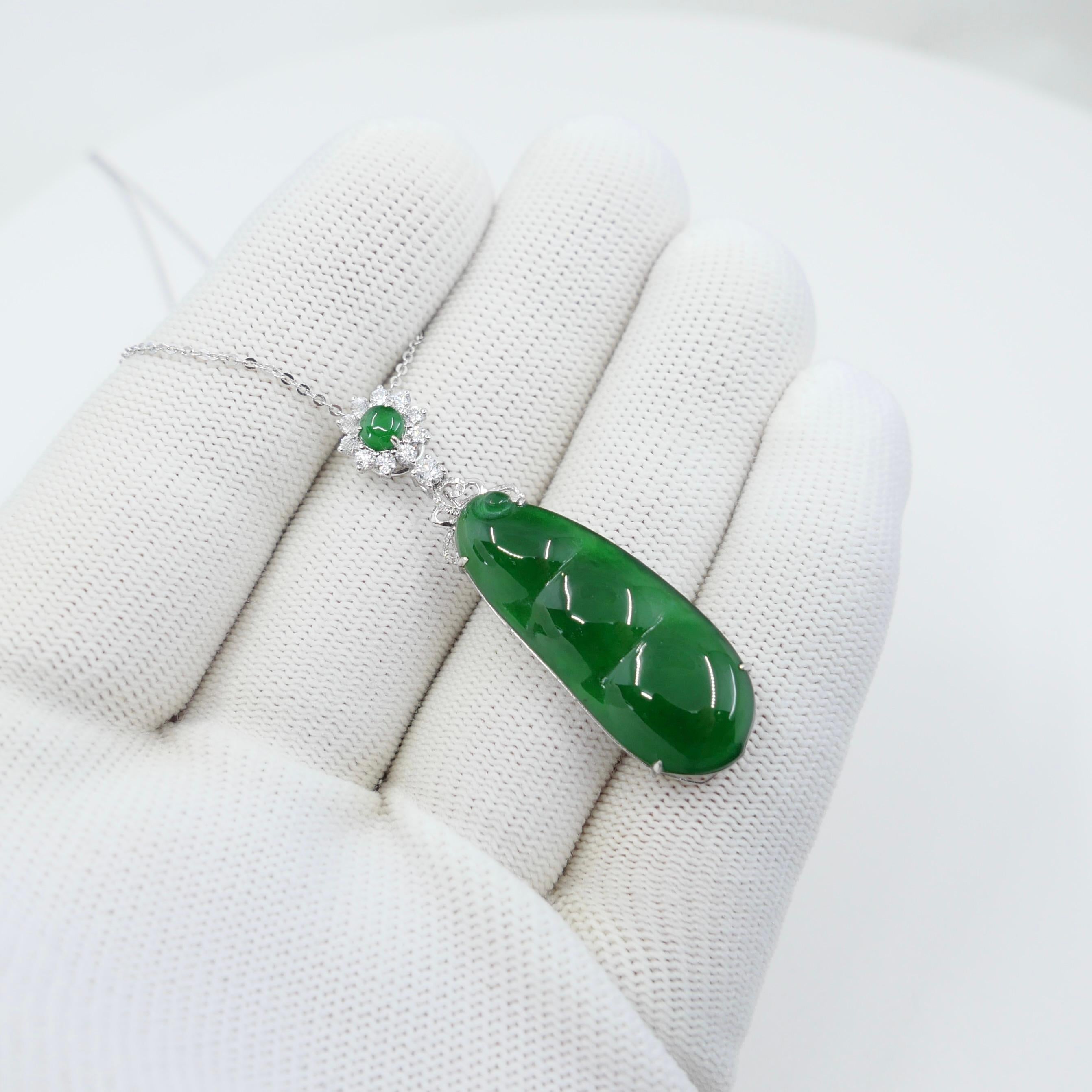Certified Imperial Jade Peapod & Diamond Pendant Necklace. Substantial Piece. For Sale 8