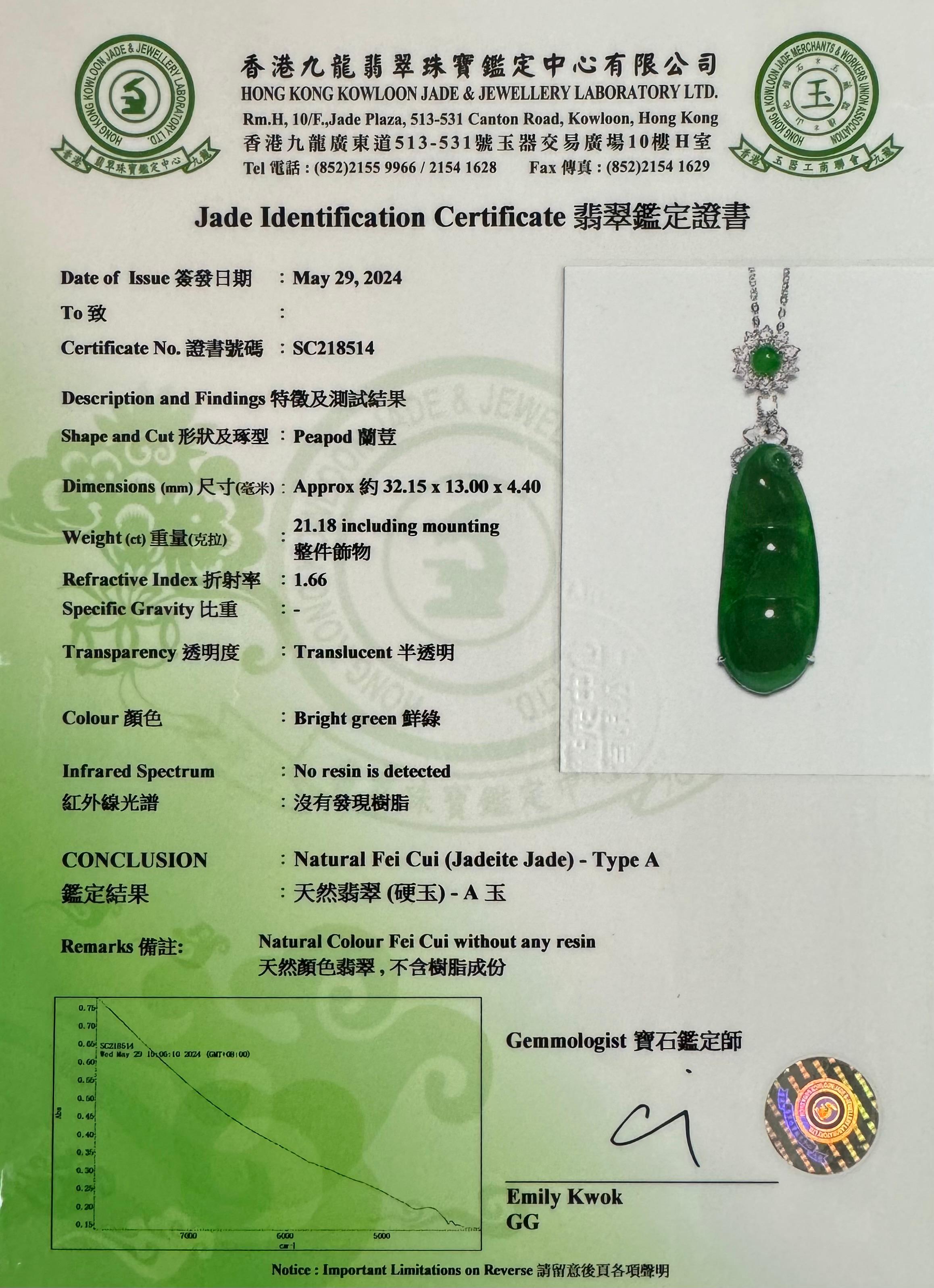 Certified Imperial Jade Peapod & Diamond Pendant Necklace. Substantial Piece. For Sale 12