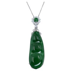 Certified Imperial Jade Peapod & Diamond Pendant Necklace. Substantial Piece. 