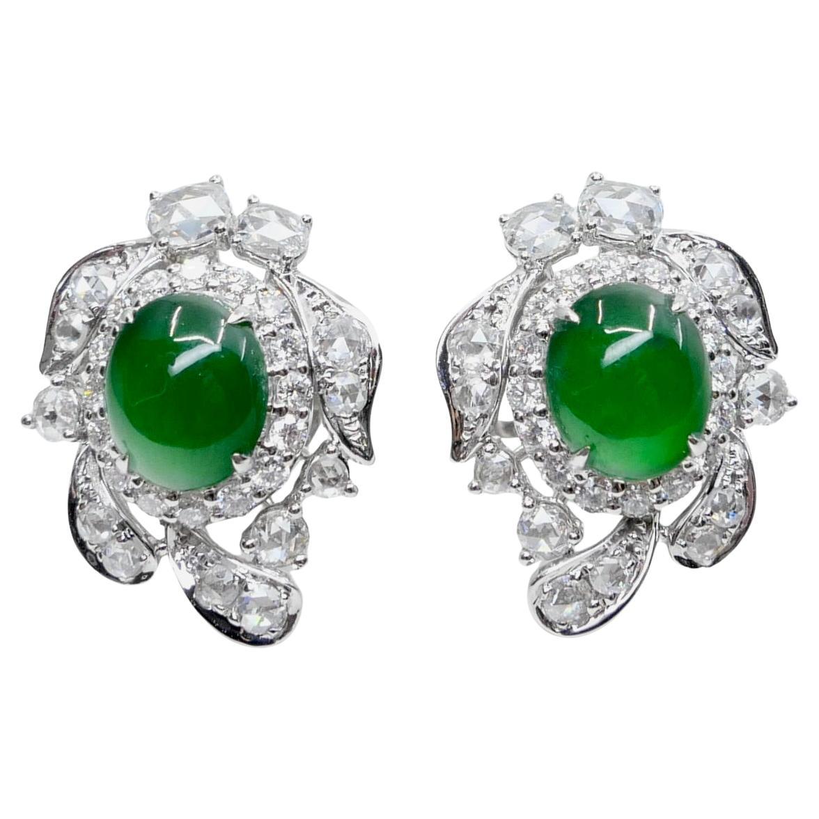 Certified Imperial Jade & Rose Cut Diamond Stud Earrings. Glowing Green.