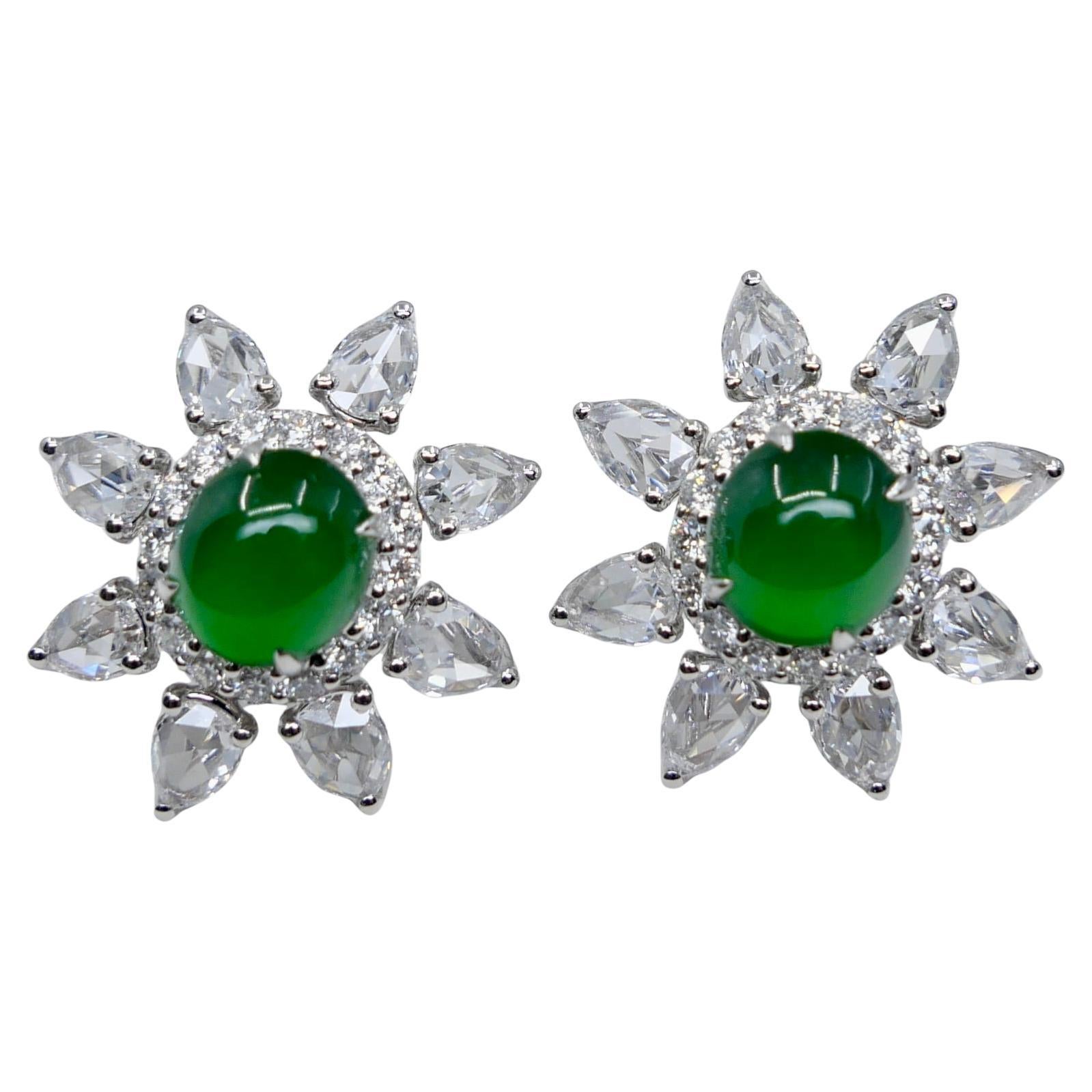 Certified Imperial Green Jade & Rose Cut Diamond Earrings. Best Glowing Green.