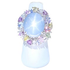 Certified 39 Carats Light Blue Star Sapphire & Diamond Ring / Pendant. Two Use.