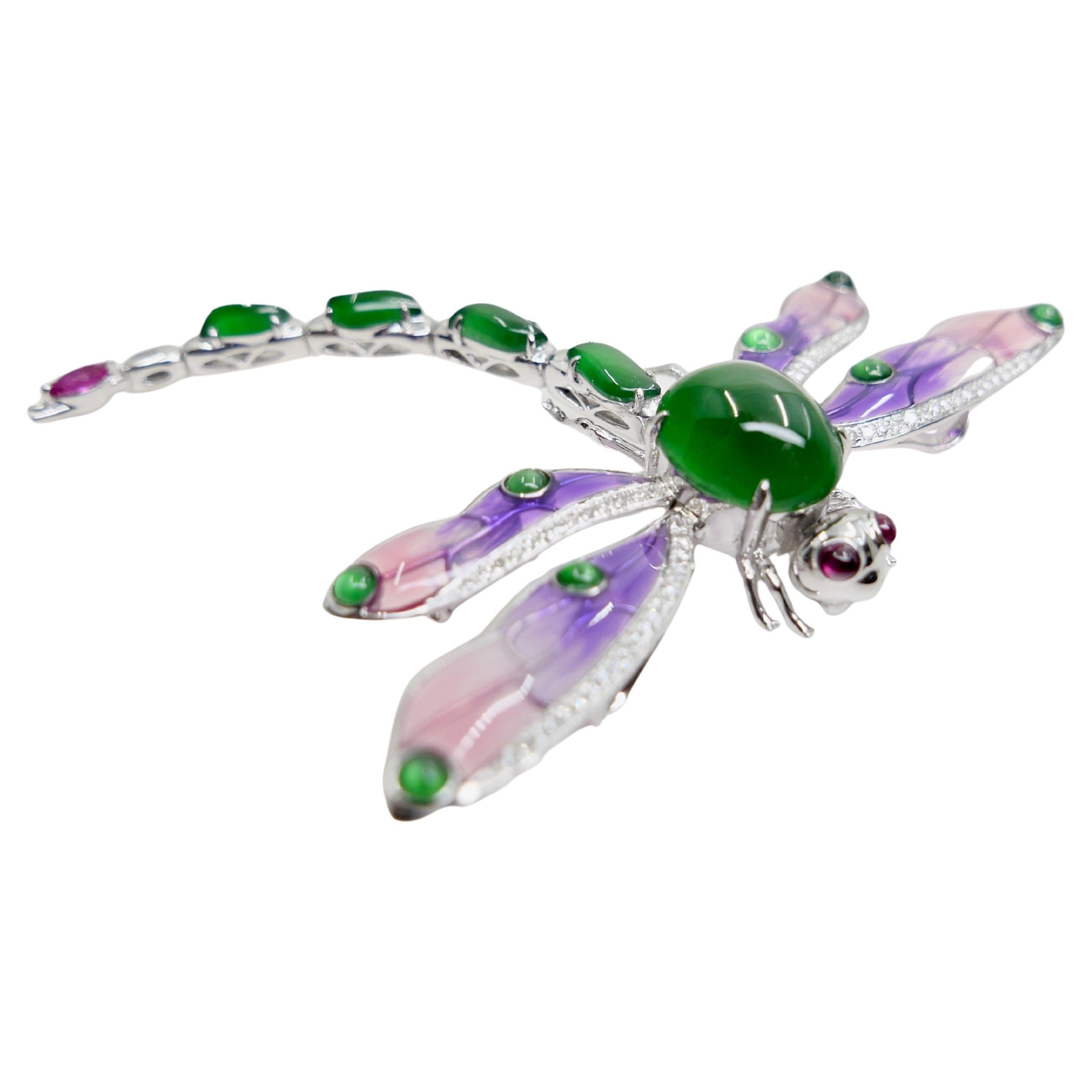 Colgante / Broche de Jade Certificado, Rubí, Diamante y Libélula Esmaltada. ¡Exquisito! en venta 3