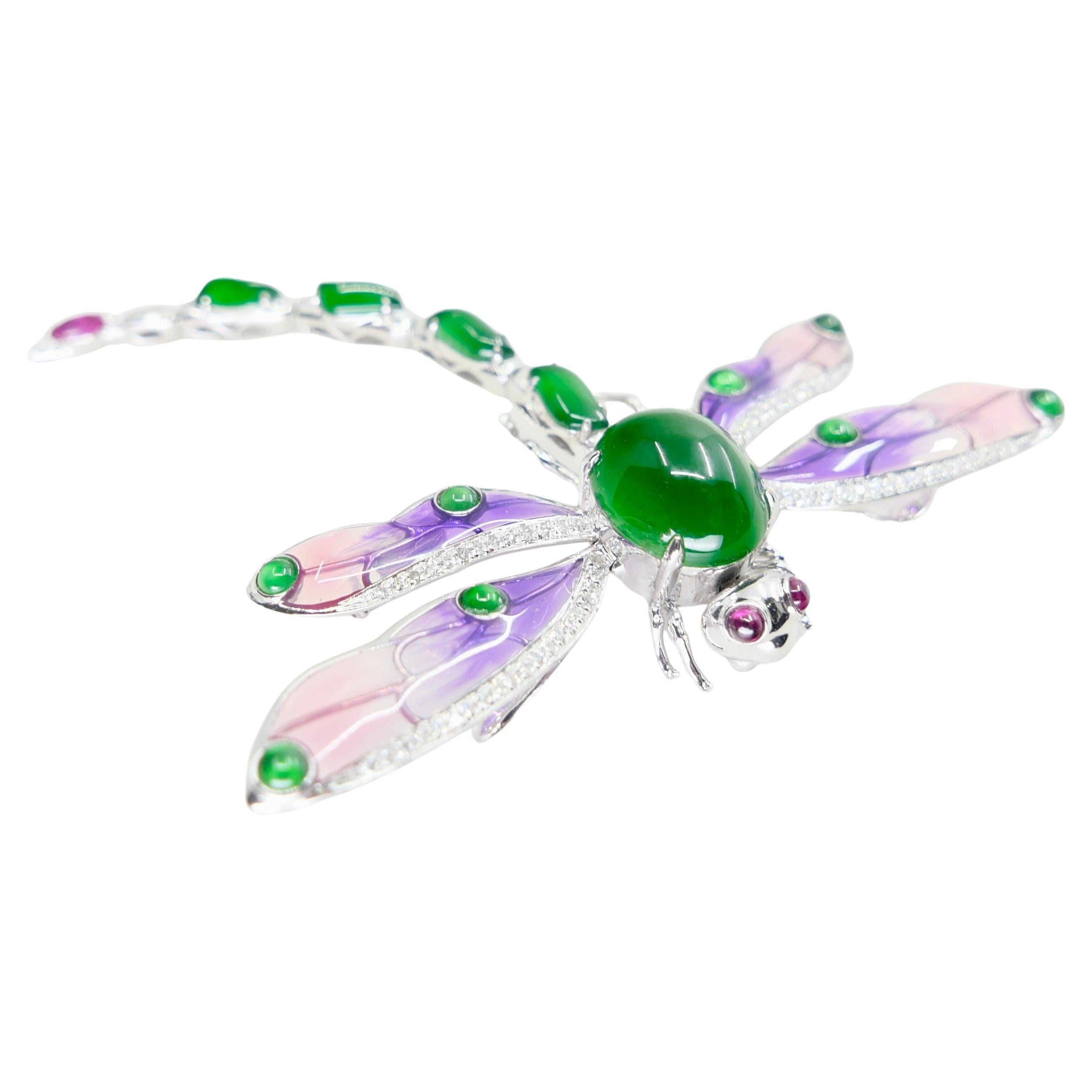 Ciondolo / Spilla in giada certificata, rubino, diamante e libellula smaltata. Squisito!