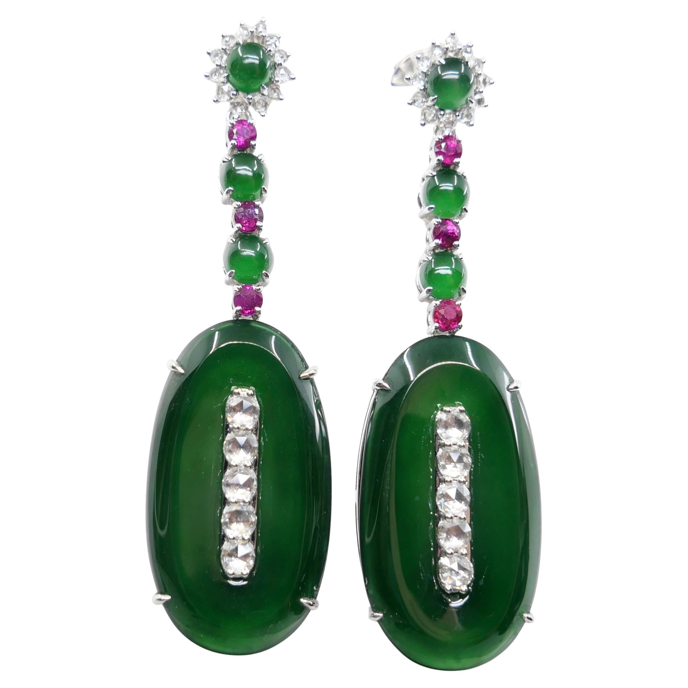 Importantes Pendientes de Jade, Rubí y Diamantes Certificados, Verde Imperial. XXL