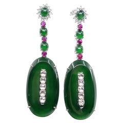Important Certified Jade, Ruby & Diamond Earrings, Best Imperial Green. XXL