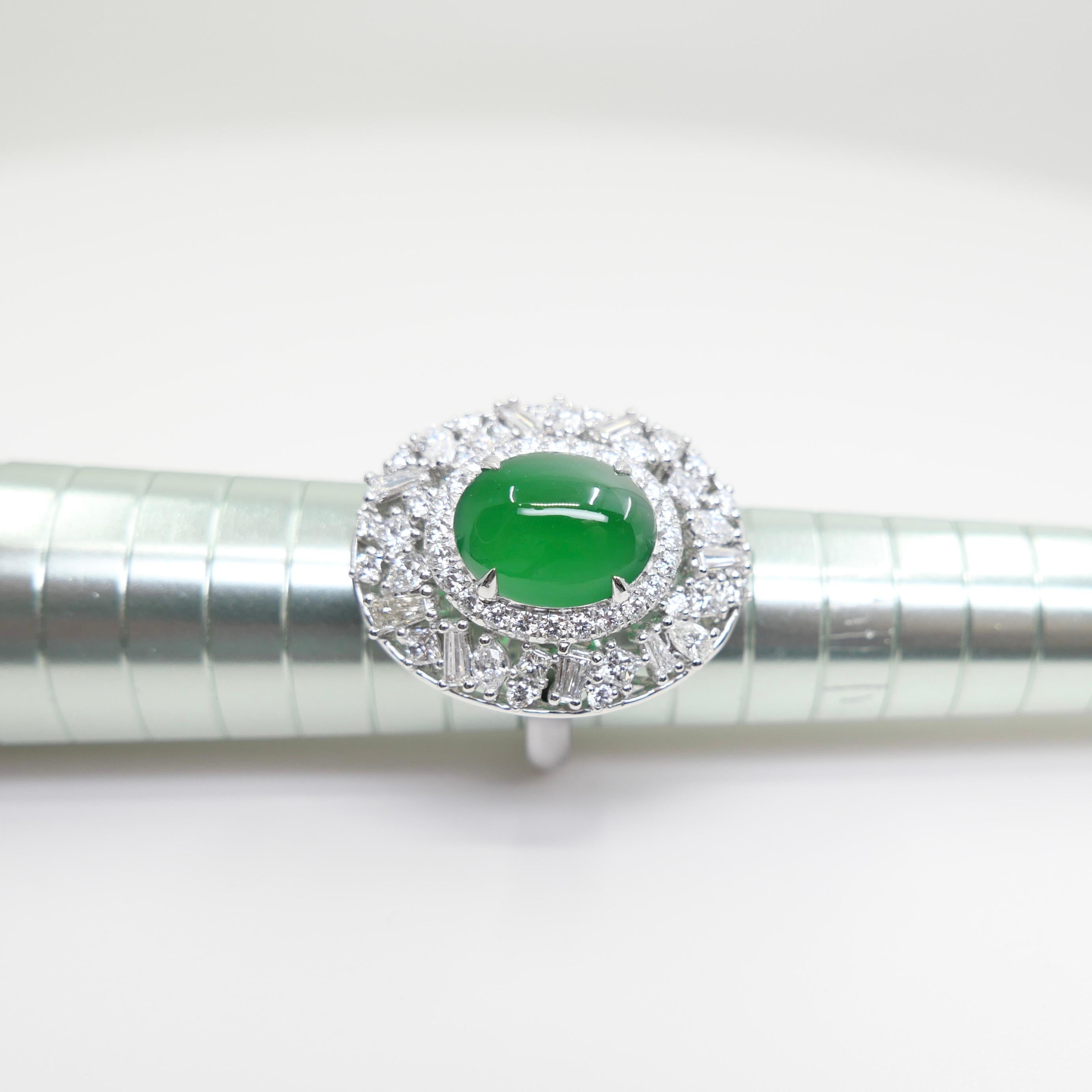 Zertifizierter Jade-Diamantring mit Phantasieschliff. Imperial Green mit Supreme Glow! im Zustand „Neu“ im Angebot in Hong Kong, HK