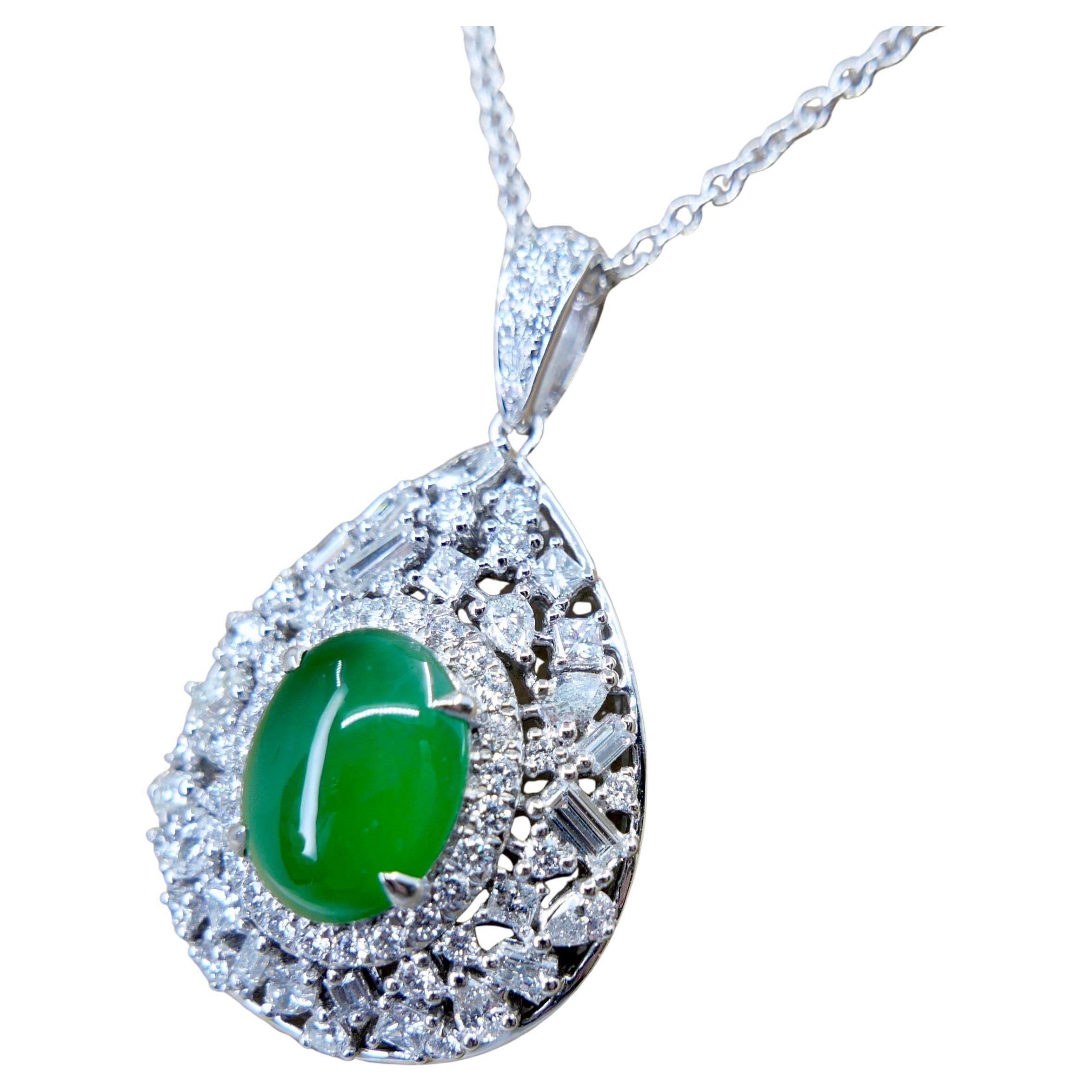 Certified Jade Fancy Cut Pendant Necklace. Imperial Green With Supreme Glow! For Sale