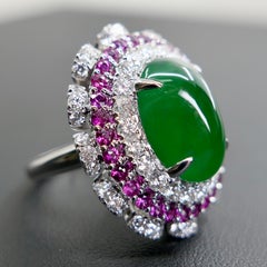 Wichtiger zertifizierter Ring aus natürlicher Imperial Green Jade, Rubin und Diamant. XXL