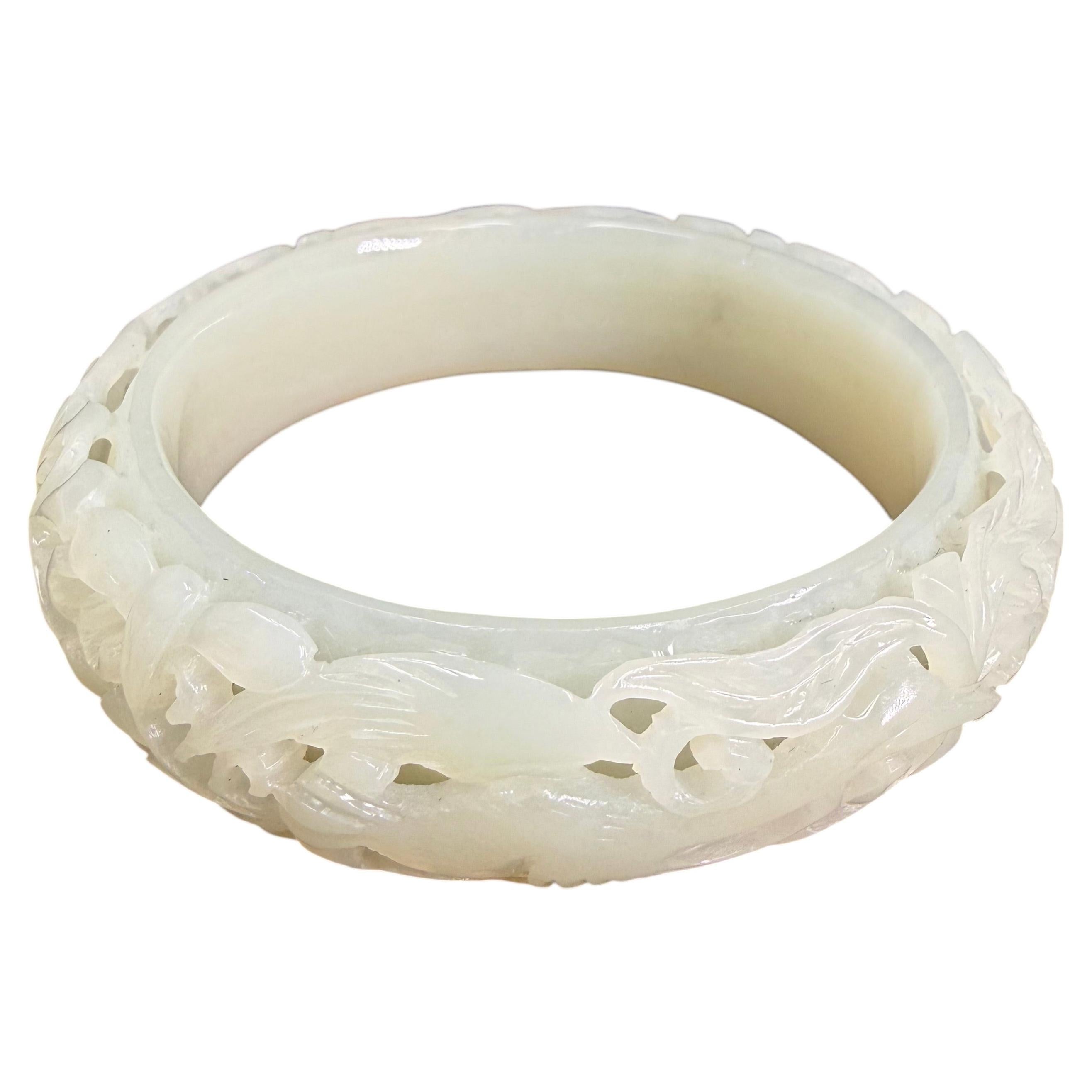 Certified Nephrite Jade Bangle, Hollowed Carving, Flower & Phoenix. Exquisite! For Sale