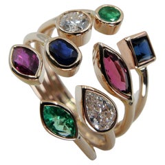 Multi Stone 18K Rose Gold Diamond, Emeralds, Sapphires and Rubies Cocktail Ring