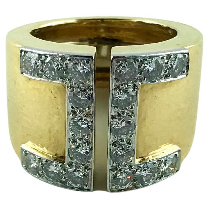 1970s David Webb Yellow Gold, Platinum and Diamond Band Ring For Sale