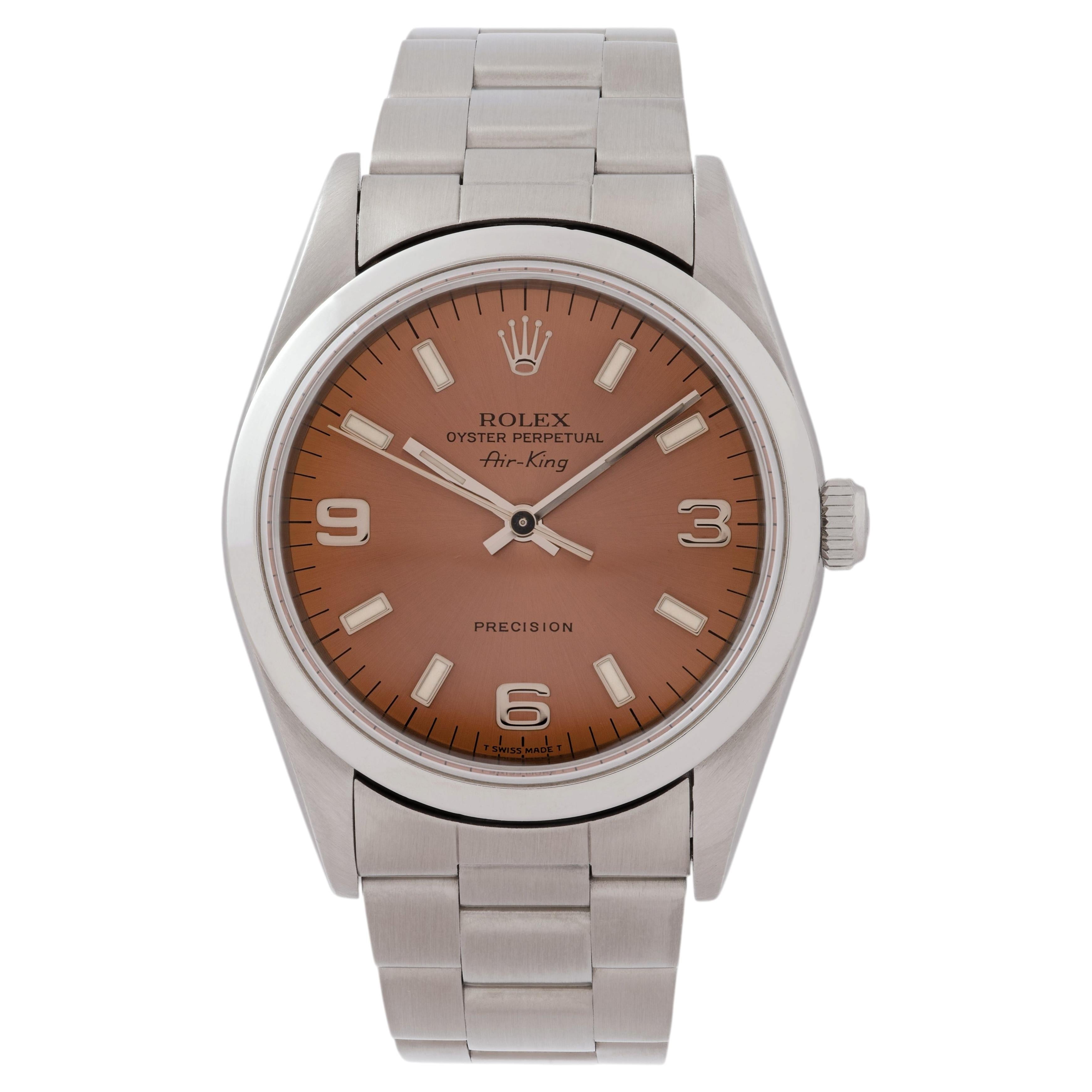 Vintage 1995 Rolex AirKing Model 14000 34mm Salmon Dial Stainless Steel Watch For Sale