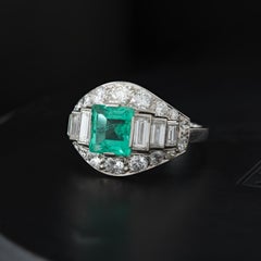 Antique French Platinum Colombian Emerald and Daimond Ring