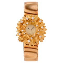 Vintage Rare Asprey Figural Sunflower 18 Karat Yellow Gold Tubogas Watch