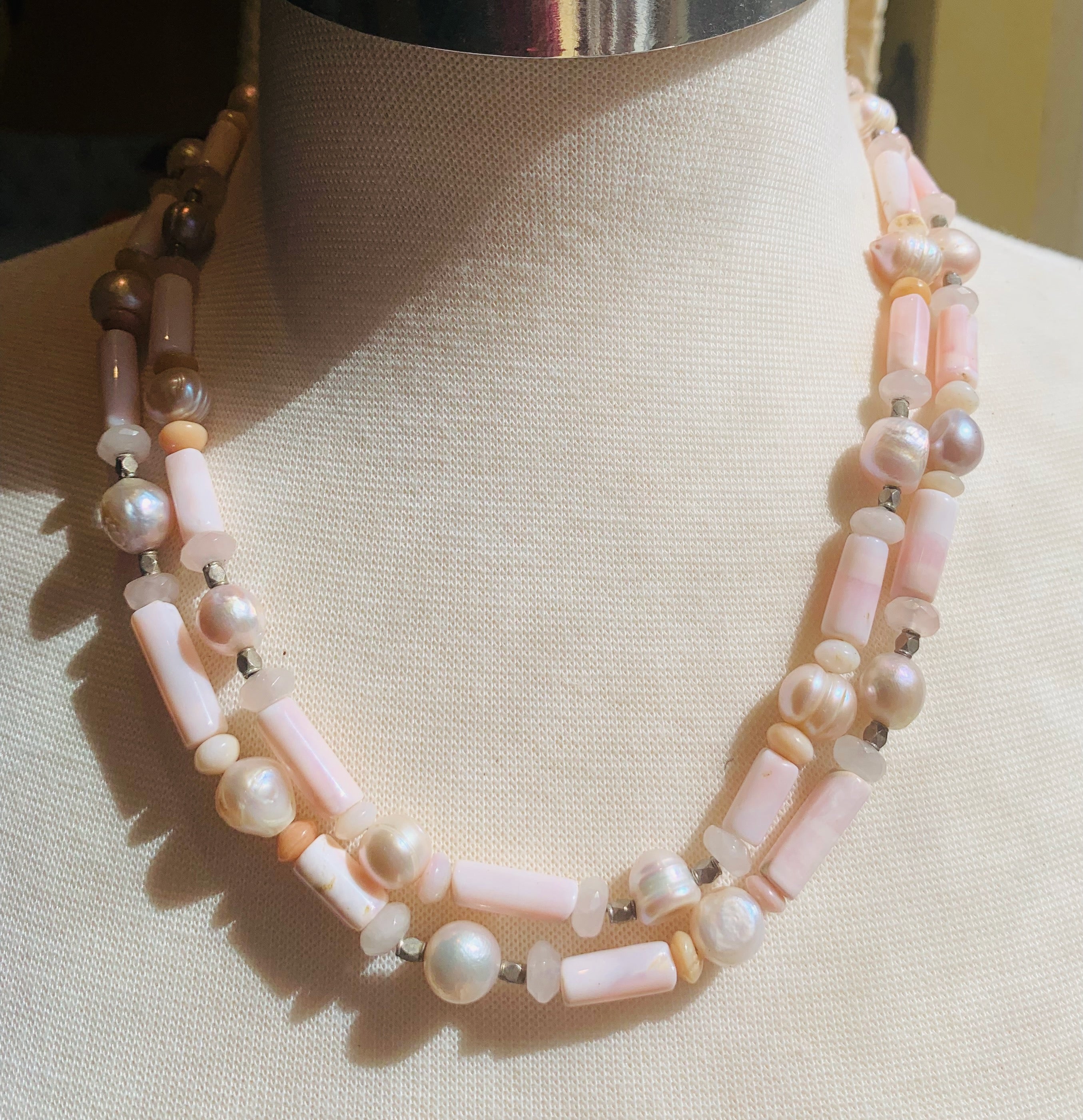  42" Long Peruvian Pink Opal, Rose Quartz, Baroque Pearl, and Sterling Necklace For Sale