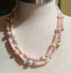 42" Long Peruvian Pink Opal, Rose Quartz, Baroque Pearl, and Sterling Necklace