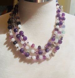 Collana fatta a mano da 60" con ametista, fluorite, quarzo rosa, sterlina