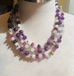 Handgefertigte 60" Halskette mit Amethyst, Fluorit, Rosenquarz, Sterling 