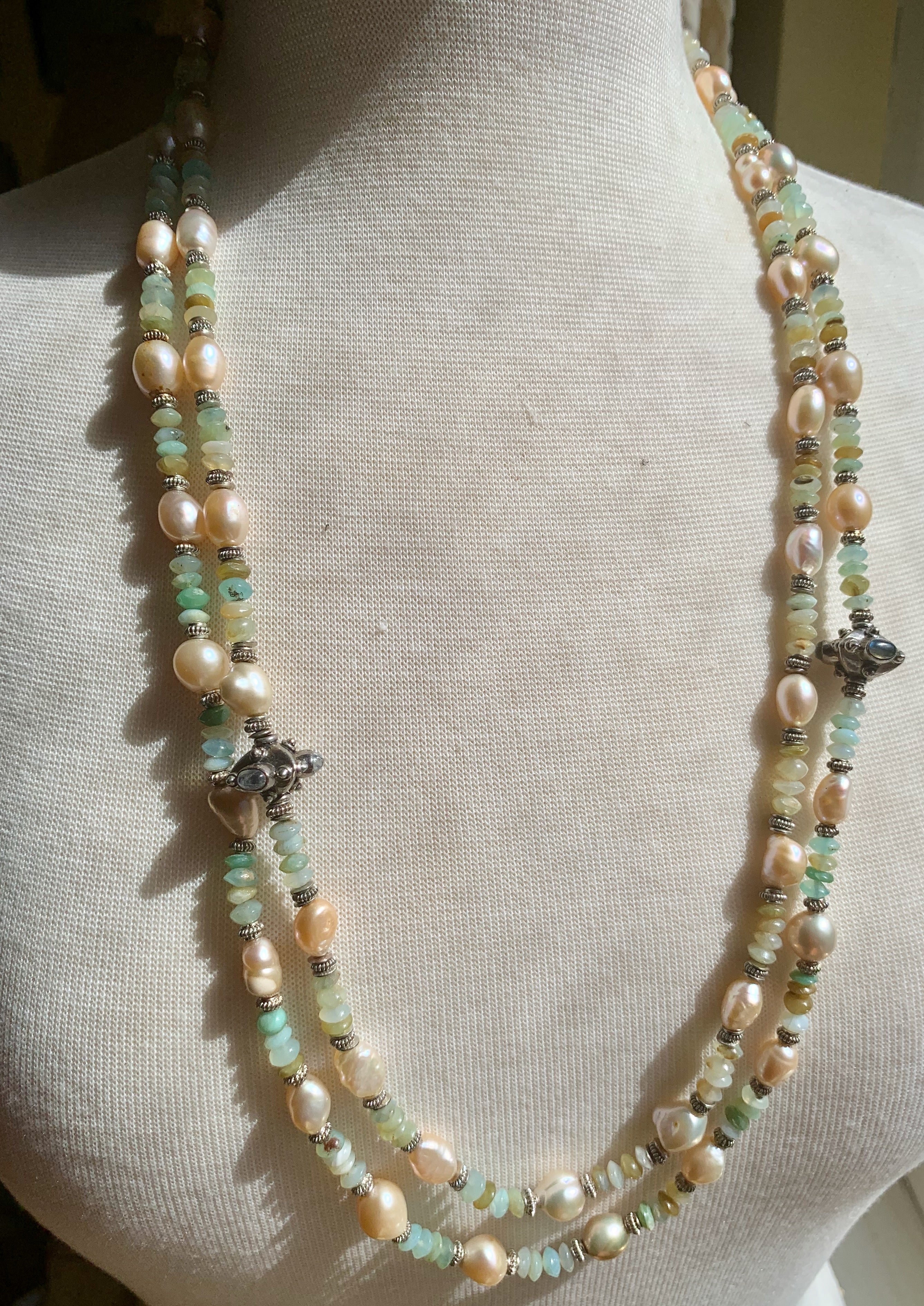 Handmade 61" Blue Peruvian Opal Necklace with Pearls, Rainbow Moonstone Beads For Sale