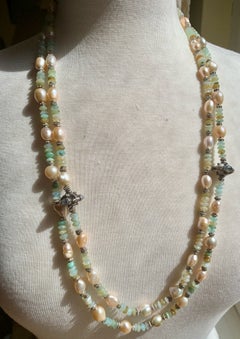 Handmade 61" Blue Peruvian Opal Necklace with Pearls, Rainbow Moonstone Beads
