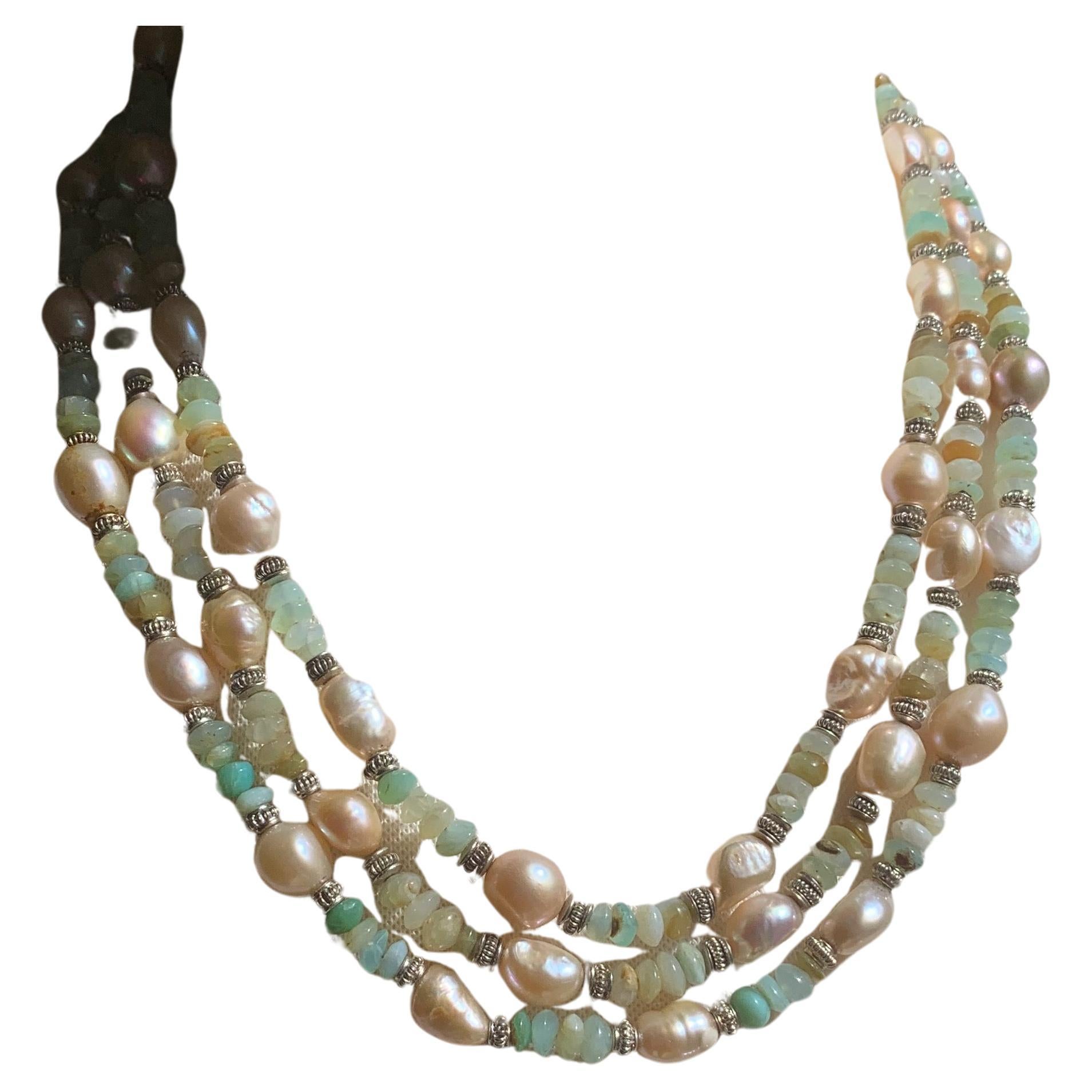 Handmade 61" Blue Peruvian Opal Necklace with Pearls, Rainbow Moonstone Beads