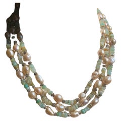Handmade 61" Blue Peruvian Opal Necklace with Pearls, Rainbow Moonstone Beads