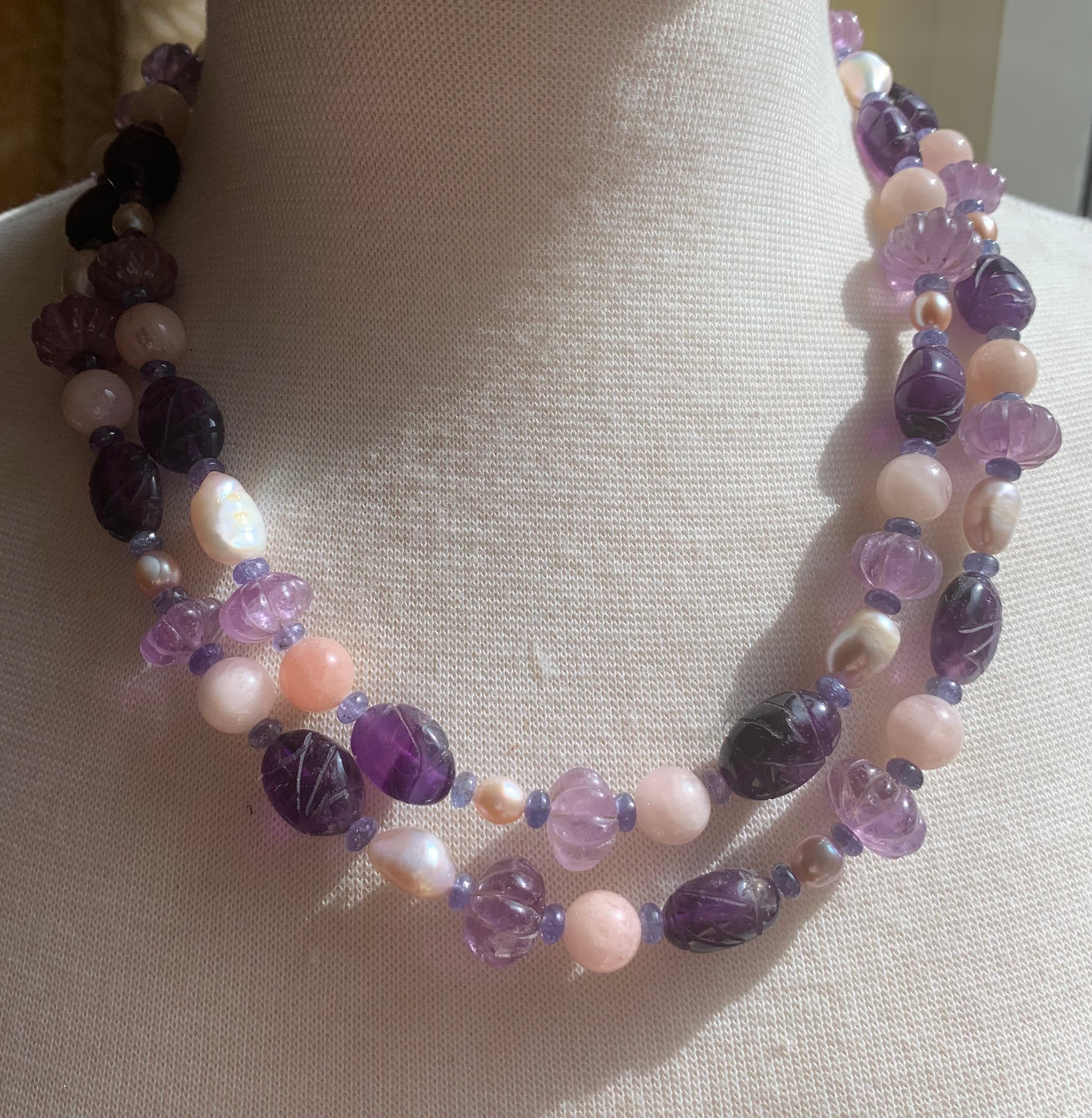 Handmade 41" Gemstone Necklace Amethyst, Morganite, Tanzanite, and Pearls For Sale