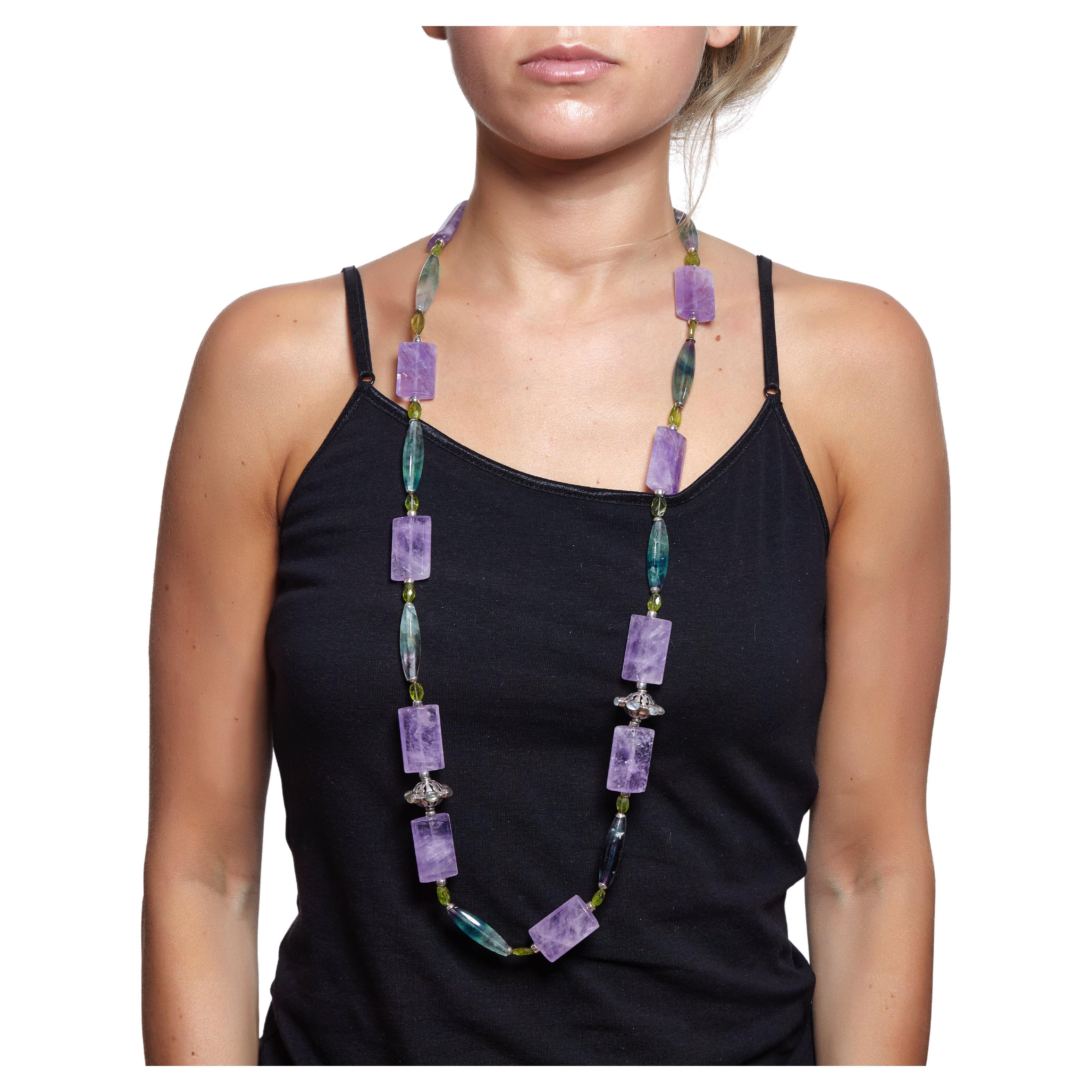 37"  Amethyst, Fluorite, Peridot and Moonstone Focal Bead with Sterling Necklace For Sale