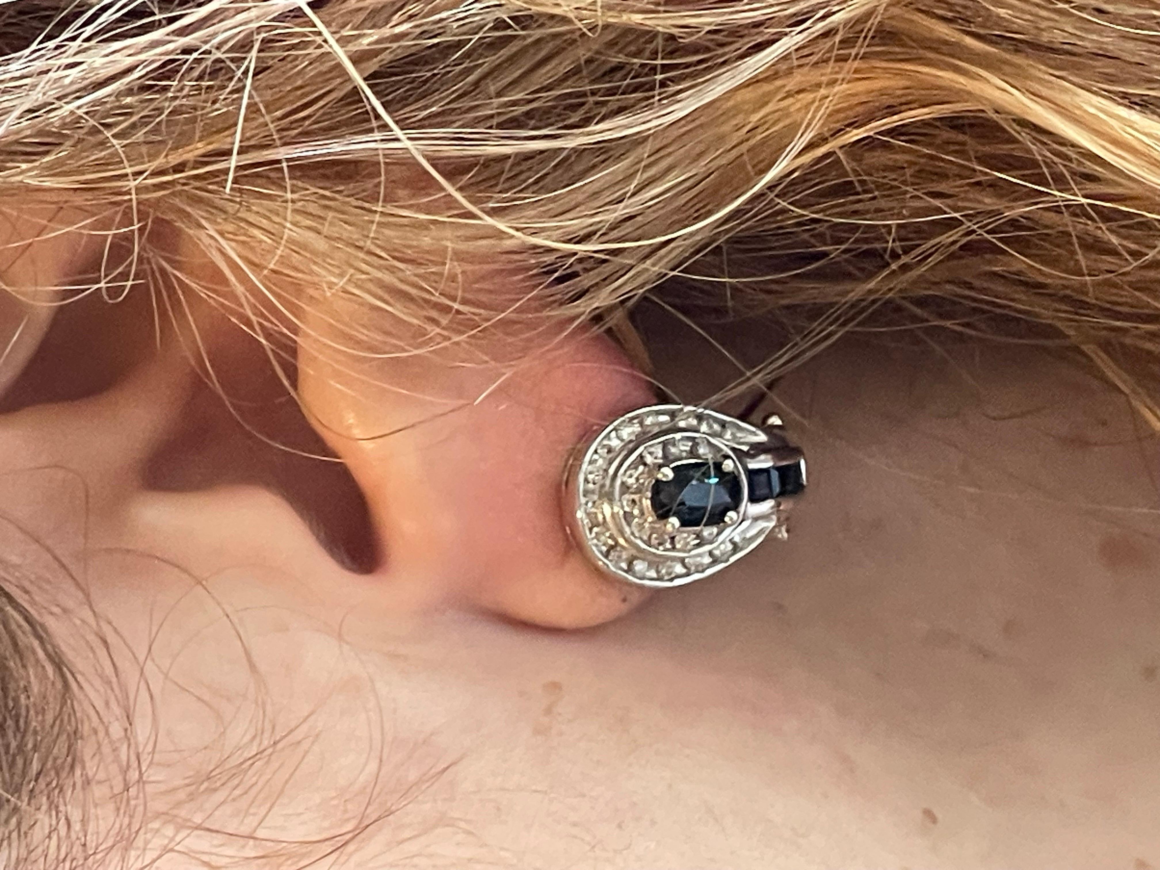 14 Karat Gold French Back Earrings with Diamonds and Blue Sapphires 1.0 TDW For Sale 6