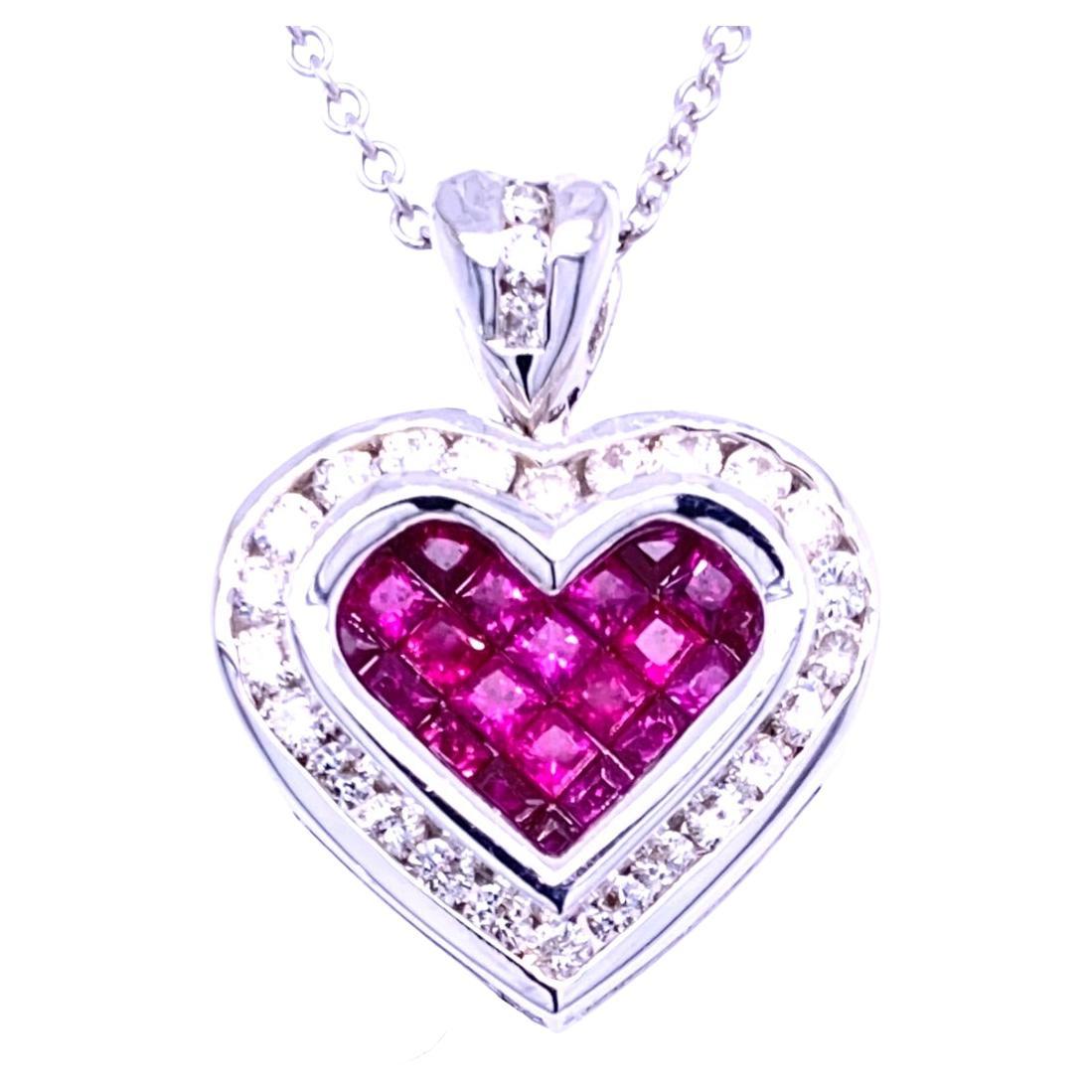 0.51 Carat Diamond/1.05 Carat Ruby 18 Karat Gold Hearts Pendant Necklace For Sale