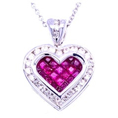0.51 Carat Diamond/1.05 Carat Ruby 18 Karat Gold Hearts Pendant Necklace
