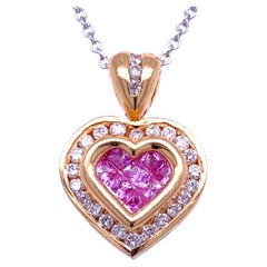 Collier pendentif cœurs en or 18 carats avec diamants de 0,41 carat et saphir rose de 0,41 carat