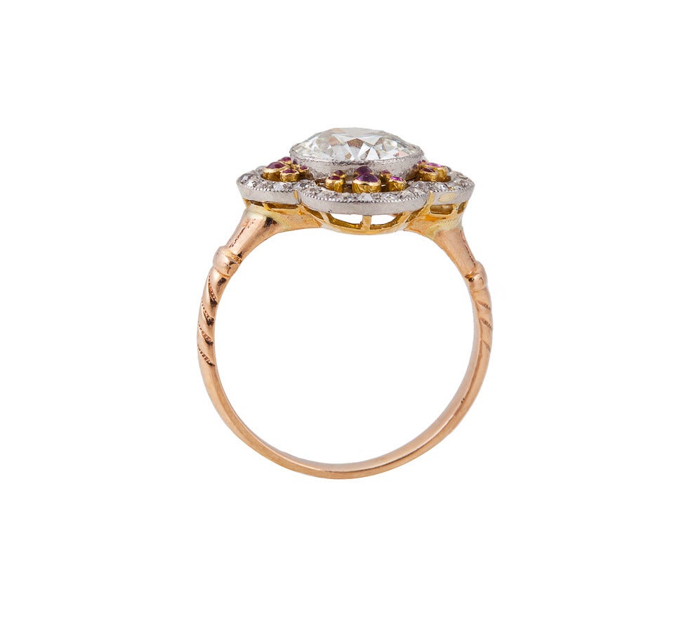 Edwardian 1.90 Carat Diamond Ruby 18 Karat Gold Platinum Ring In Excellent Condition For Sale In Calabasas, CA