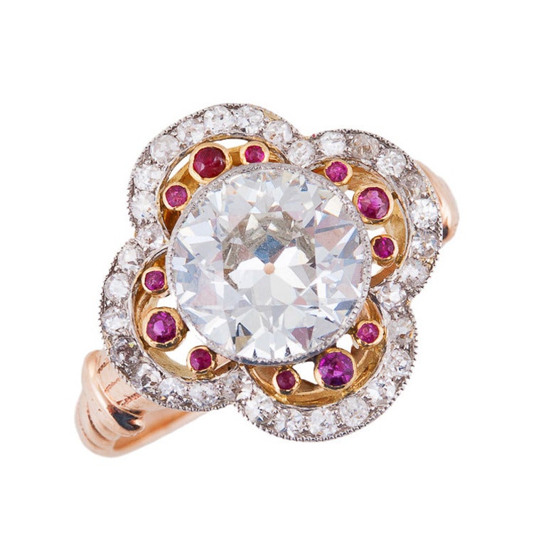 Edwardian 1.90 Carat Diamond Ruby 18 Karat Gold Platinum Ring For Sale