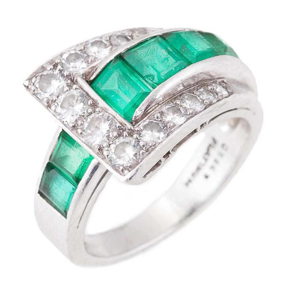 Oscar Heyman Emerald Diamond Platinum Ring For Sale